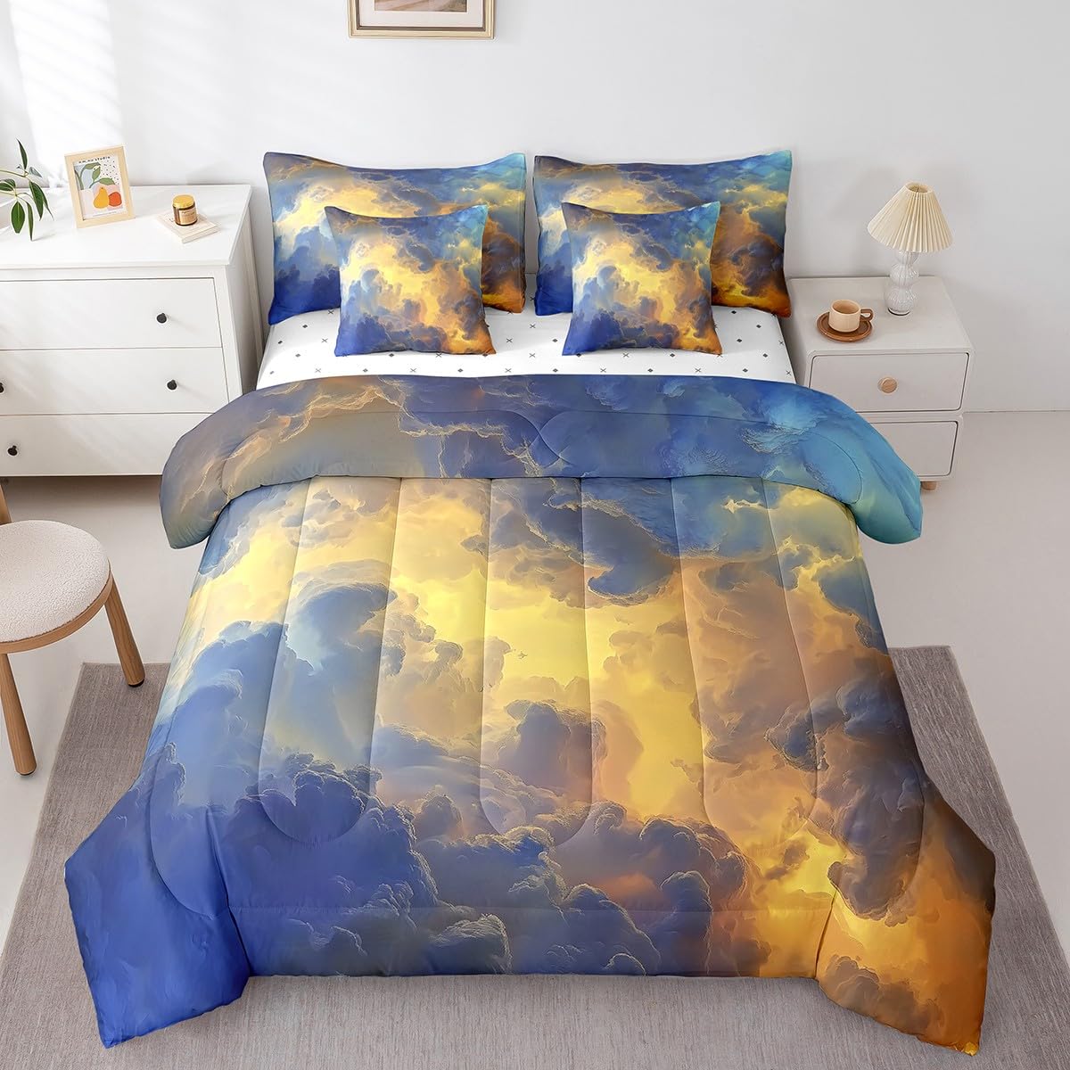Erosebridal Beauty Weather Nature Comforter Set Full Size,Oil Painting Clouds Bedding Set for Kids Teens,Sunscape (Comforter+Fitted+Flat Sheet+2 Pillowcases+2 Throw Pillow Covers) 7 Pieces Bed Set