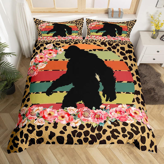Sasquatch Duvet Cover Set Queen Size, Watercolor Floral Print Bedding Set 3pcs for Kids Boys Girls, Wild Leopard Skin Print Comforter Cover Soft Polyester Quilt Cover with 2 Pillowcases,No Comforter