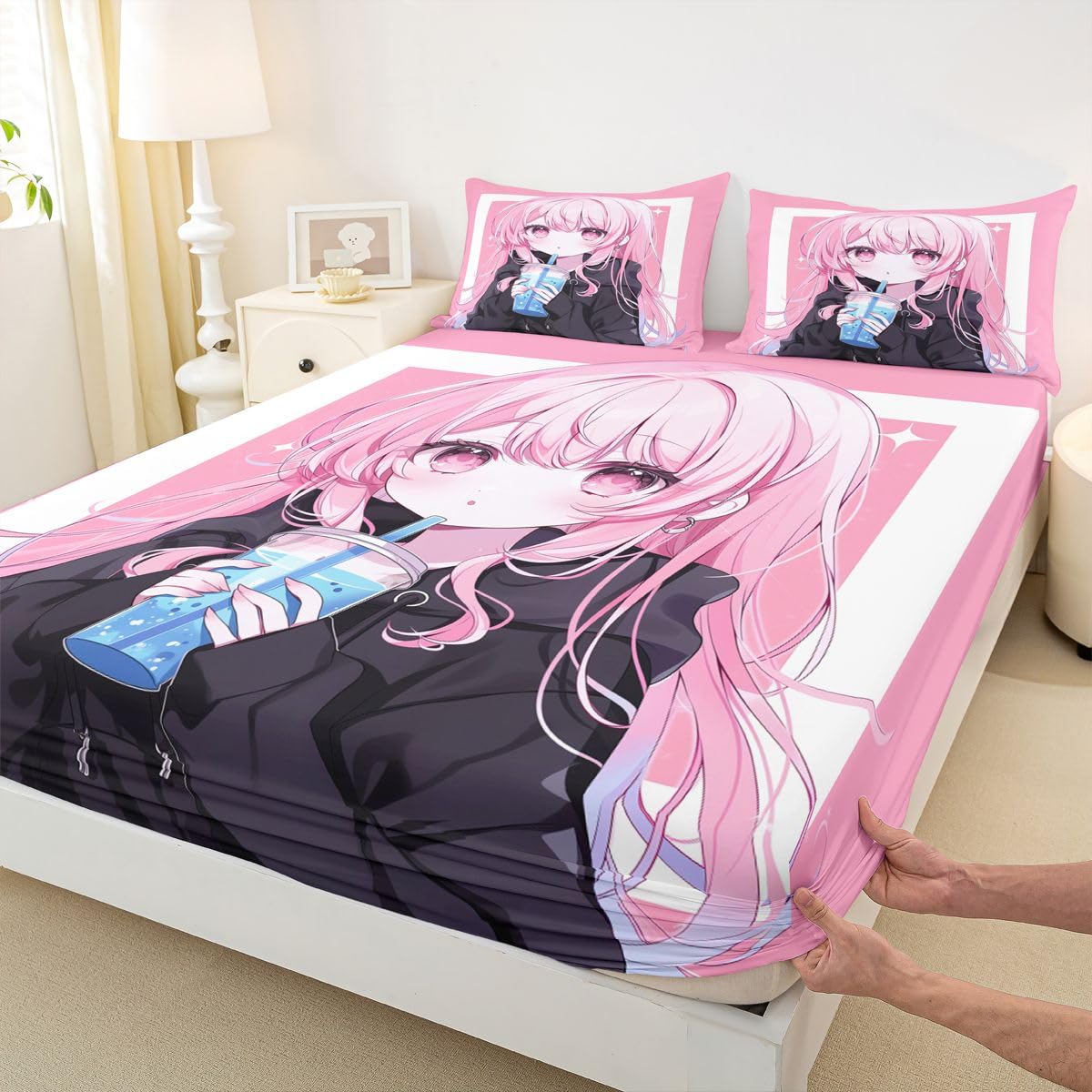 Erosebridal 3D Japanese Sheets Twin Anime Girl Drinking Milk Tea Bed Sheets Set Cute Kawaii Girly Sheet Set for Boys Girls Modern Fashion Aesthetic Bed Sets 3Pcs