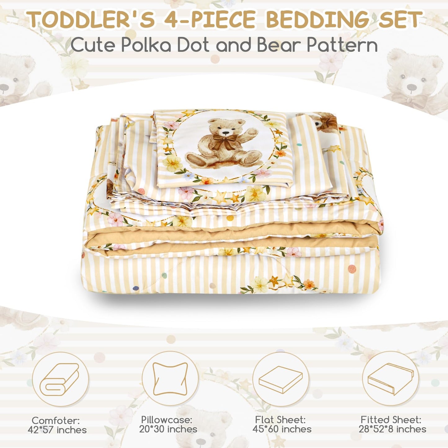 Hooyax Toddler Bedding Set 4-Piece with Polka Dot Bear Pattern – Cute Toddler Comforter Set for Girl – Includes Ultra-Soft Comforter, Fitted Sheet, Flat Sheet & Pillowcase for All Season