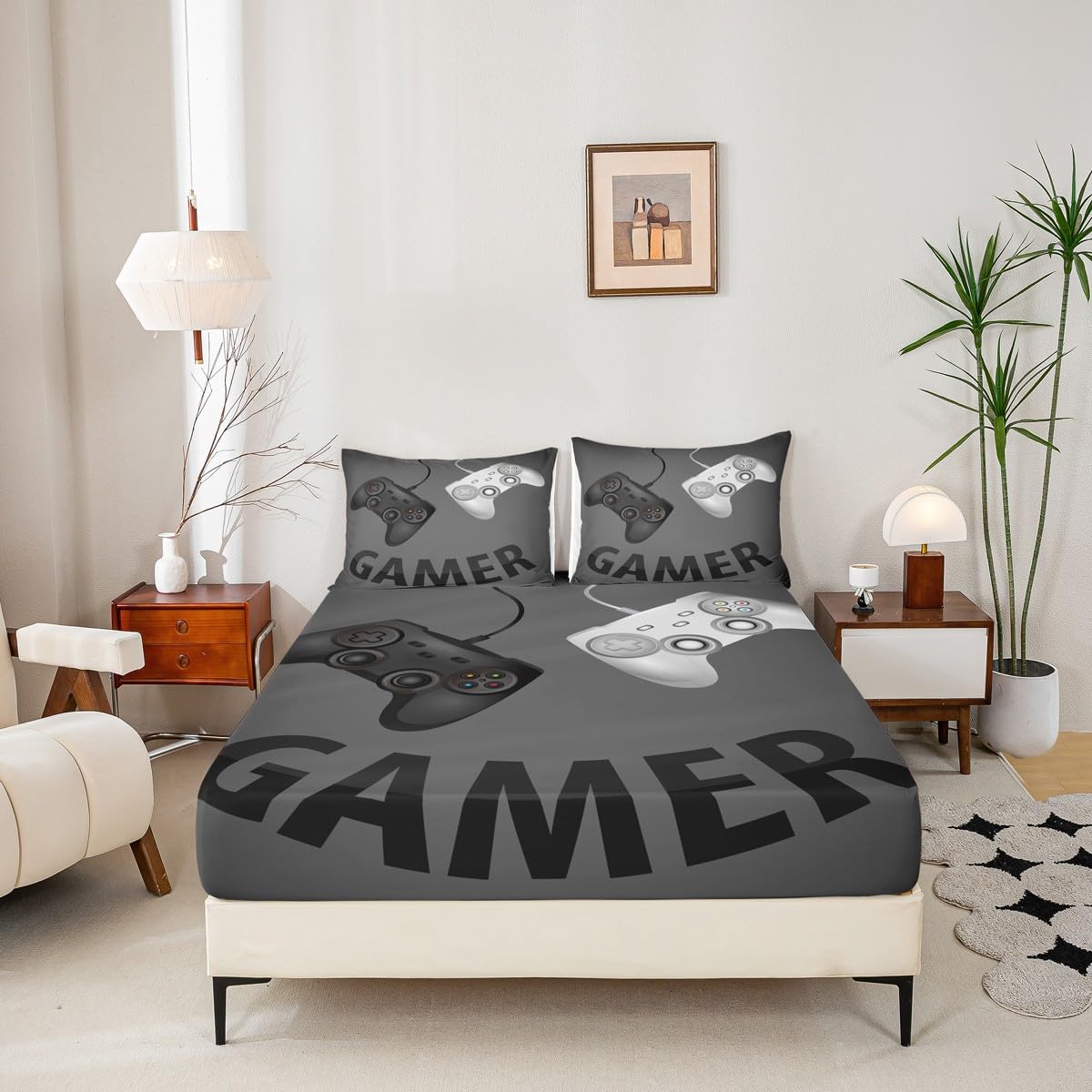 Erosebridal Gamepad Bedding Set Twin Size for Kids Boys Girls, Video Games Decor Bed Cover Gaming Controller Fitted Sheet Gamer Theme Fitted Sheet Set, Child Teens Gift Present, Black
