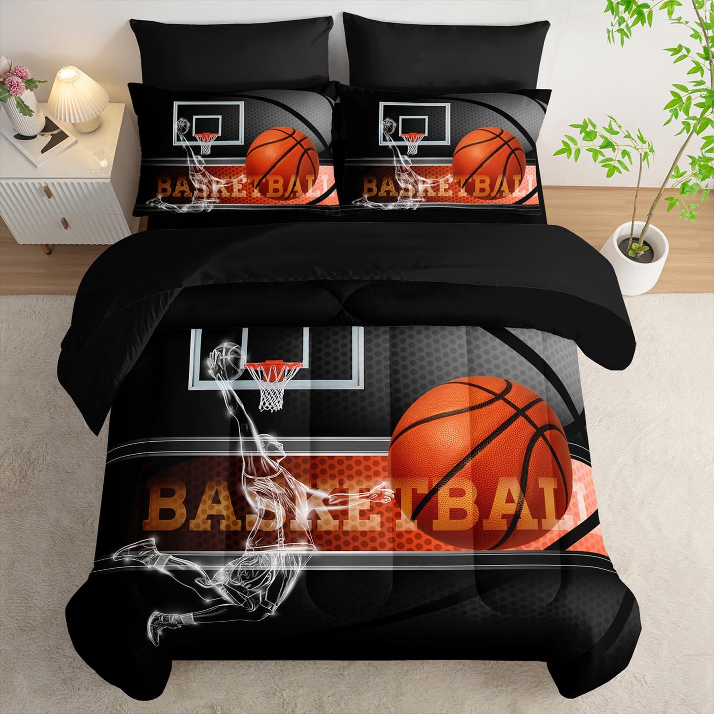 AILONEN 3D Basketball Sports Comforter Set Queen Size,7-Piece Sport Basketball Player Bed in a Bag,Comforter & Fitted Sheet with Flat Sheet & 2 Pillowcases,2 Pillow Cases for Bedroom,Soft Microfiber