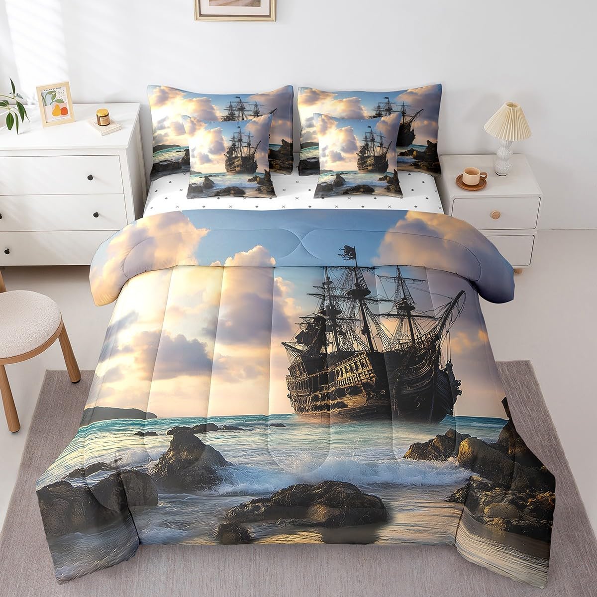 Erosebridal Nautical Retro Sailboat Comforter Set 7 Piece Bed in a Bag Twin,Ocean Theme Bedding Sets Sea Coastal Sheet Set with Comforter,Pirate Ship Vintage Boat Bed Set