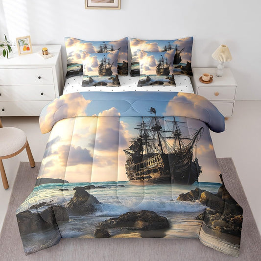 Erosebridal Nautical Retro Sailboat Comforter Set 7 Piece Bed in a Bag Twin,Ocean Theme Bedding Sets Sea Coastal Sheet Set with Comforter,Pirate Ship Vintage Boat Bed Set