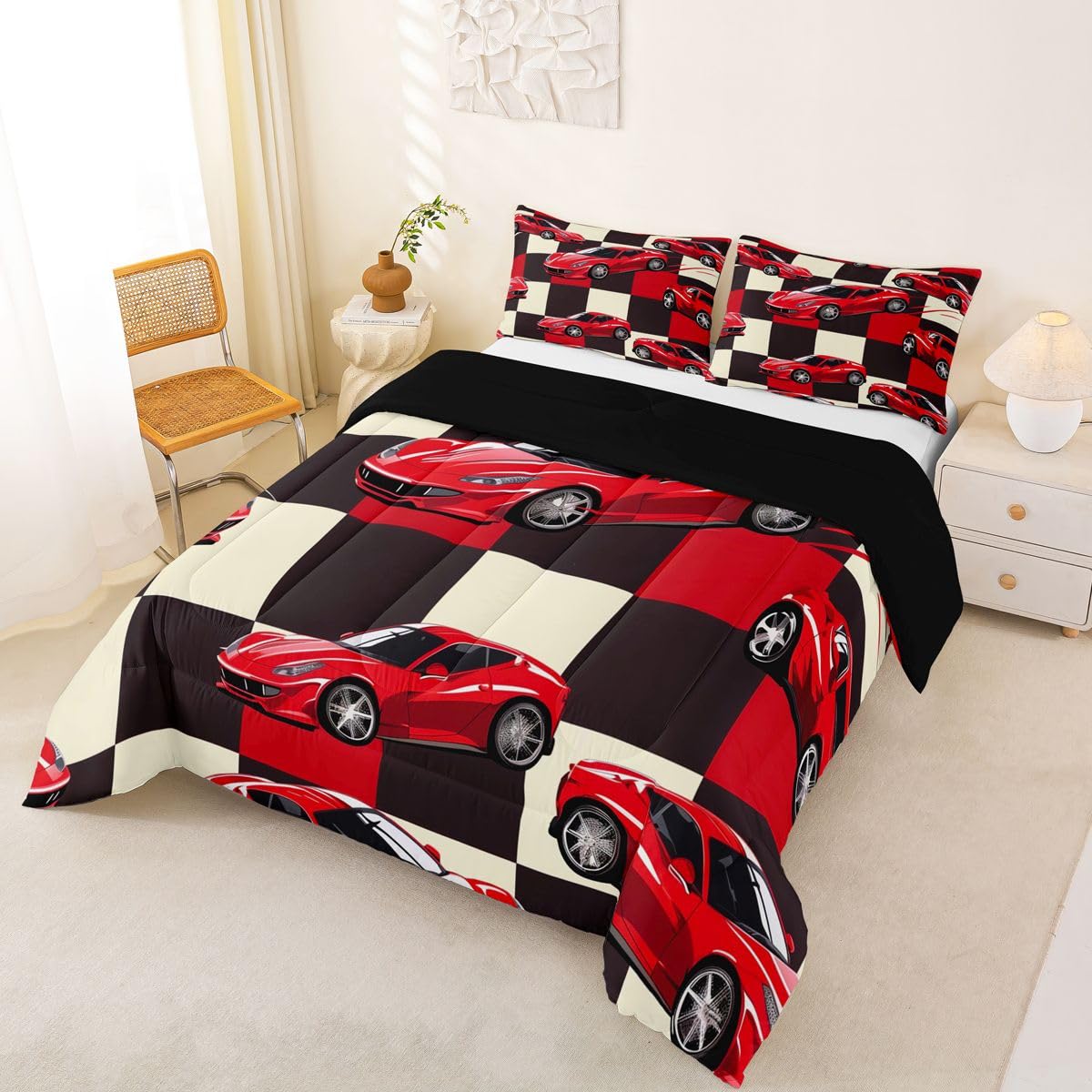 Erosebridal Red Racing Car Full Comforter Set for Boys, Cool Speed Race Car Bedding Set for Kids Youth Men Teens Room Decor, Extreme Sport Comforter, Grid Buffalo Quilt, 3 Piece