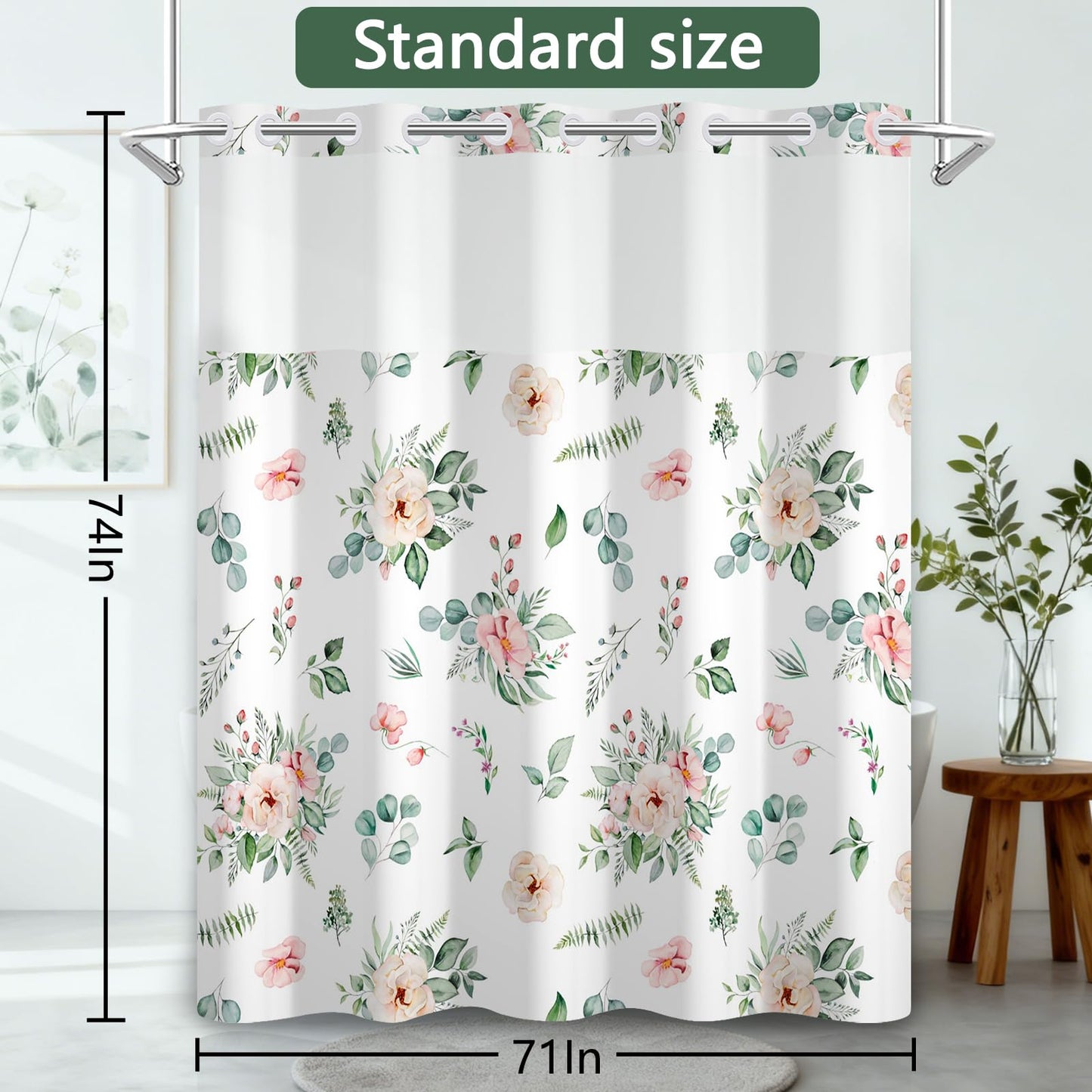 NAEMBCU No Hook Shower Curtain with Snap in Liner 71x74 Inch