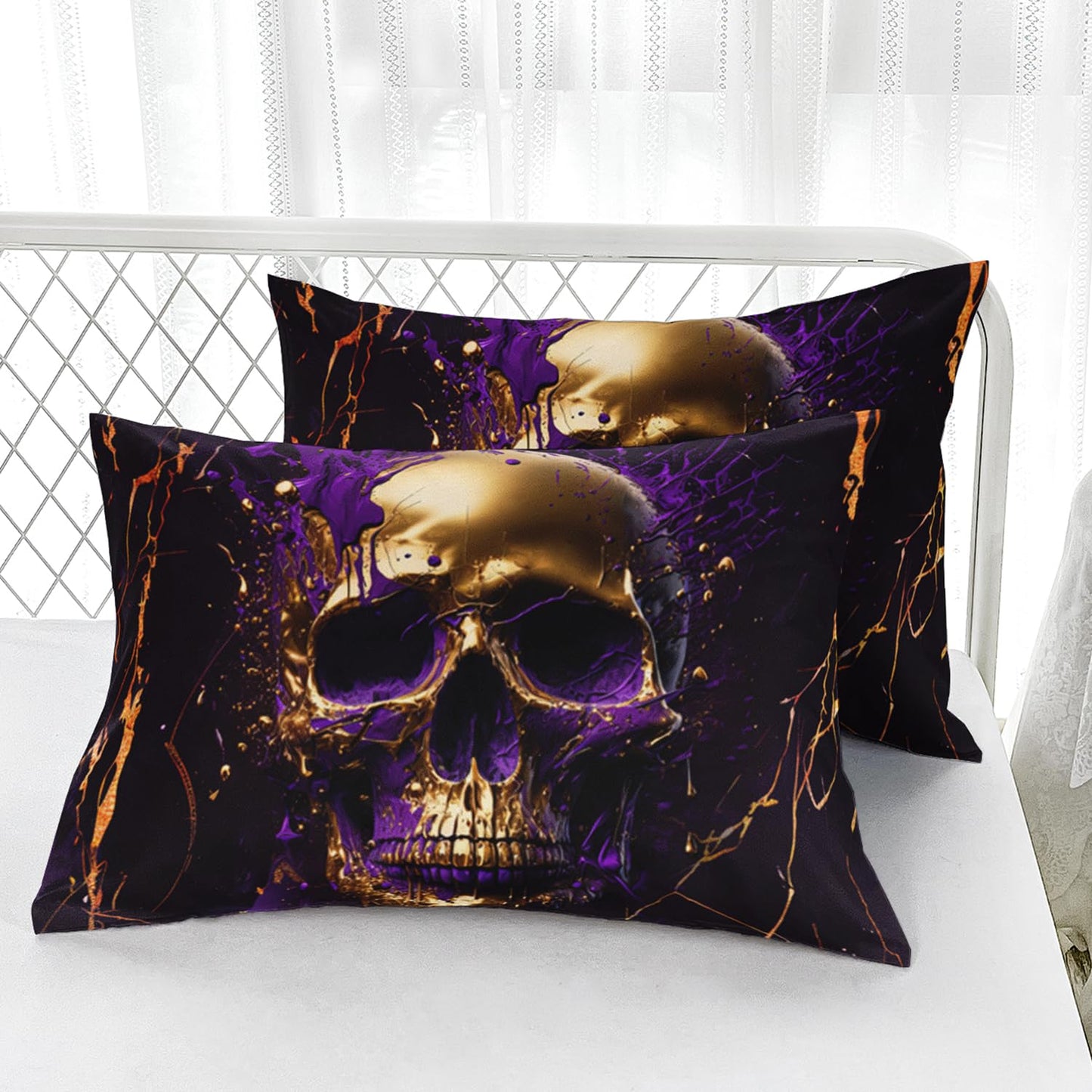 AILONEN Black Gold Skull Fitted Sheet Set Queen Size,Purple Skeleton Goth Soft Fitted Sheet + 2 Pillowcases for Boys Girls,3 Pieces