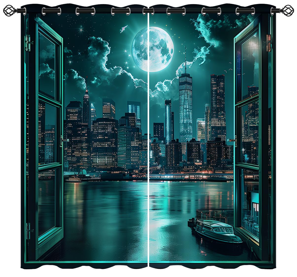 New York Blackout Curtains for Girls Teen Boys Home Decor,Night Urban Skyline Skyscraper Modern City Grommet Thermal Insulated Drapes Darkening Window Curtain for Bedroom Living Room, 42 x 45 Inch