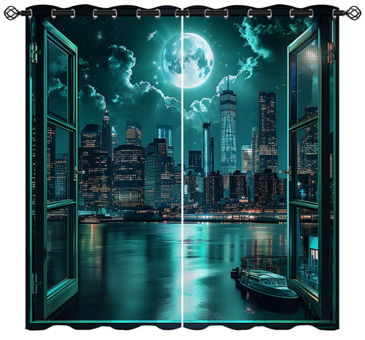 New York Blackout Curtains for Girls Teen Boys Home Decor,Night Urban Skyline Skyscraper Modern City Grommet Thermal Insulated Drapes Darkening Window Curtain for Bedroom Living Room, 42 x 45 Inch