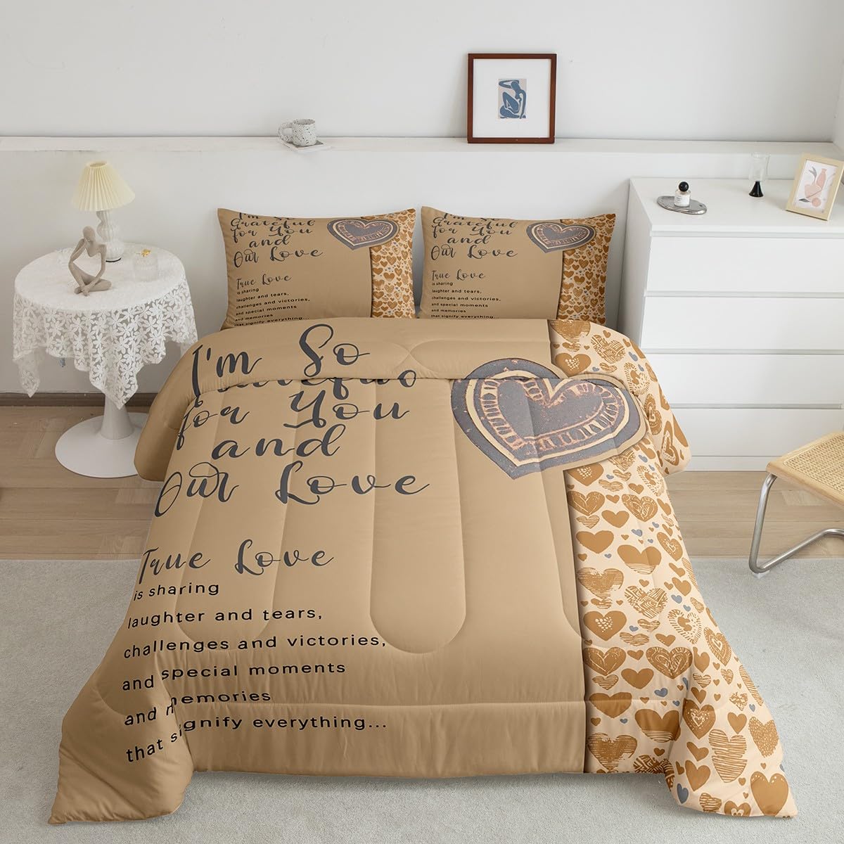 Erosebridal Gray Motto Bedding Queen,Romantic Valentine Gifts Comforter Set for Couple Lover,Love Hearts Down Comforter