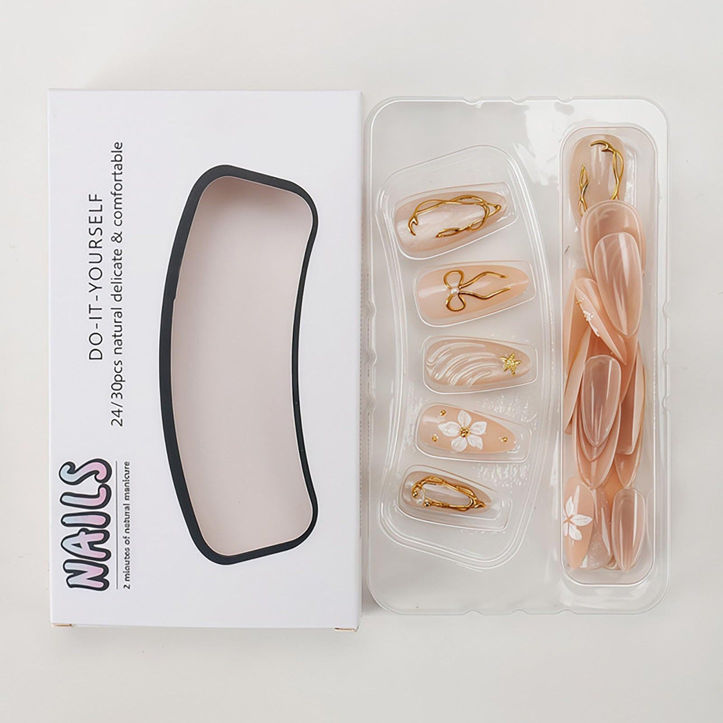 RUOKEXIN Almond Press on Nails Medium Fake Nails Nude False Nails with 3D Gold Bow Designs Full Cover Nail Press ons Sparkly Artificial Nails for Women 24Pcs