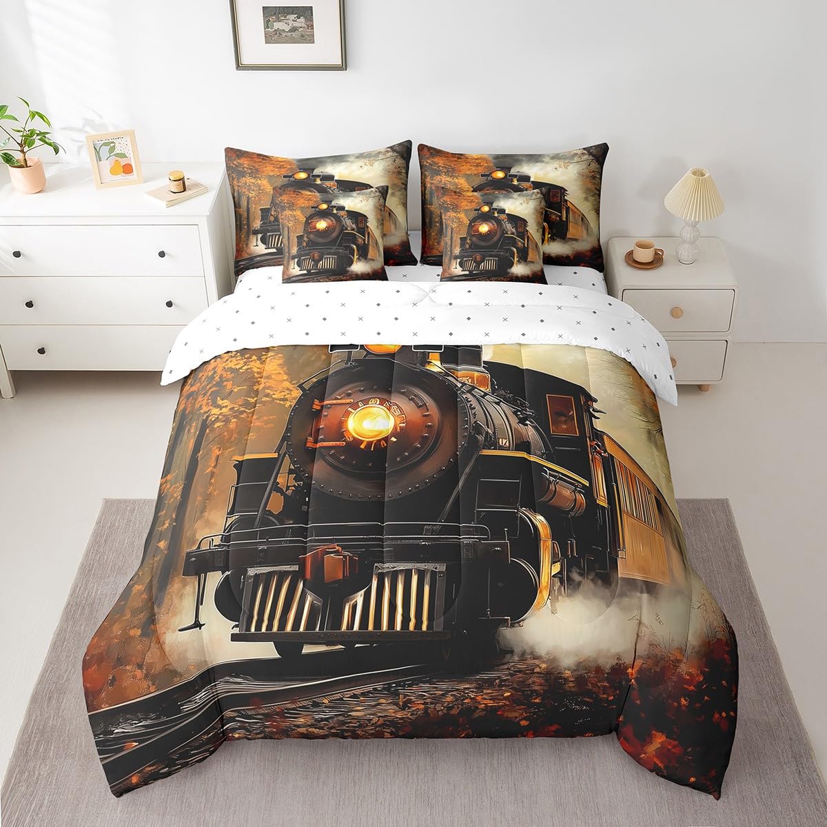 Erosebridal Train Bedding Set Retro Steam Engine Twin Comforter Set 7 Piece Railway Track Transport Bed in A Bag with Sheets for Kids Boys Teen Men,Autumn Fallen Leaves Bed Set
