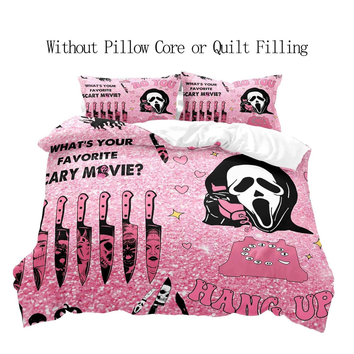 LUVIVIHOME 3PCS Funny Ghost Duvet Cover Queen Bedding Sets, Kids Teen Girls Bedding, Pink Duvet Cover, Gothic Spooky Scary Horror Scream Knife Skull Face Pink Halloween Comforter Cover, 2 Pillow Cases