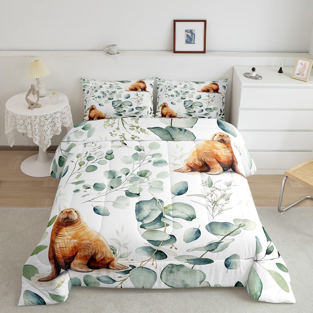 Erosebridal 7-Piece Cartoon Seal Bedding King Size Ocean Wildlife Comforter Set, Spring Plant Bedding Comforter Sets Eucalyptus Leaf Bed in a Bag, Sea Animal Theme Bedding Accessories Kids Room Decor