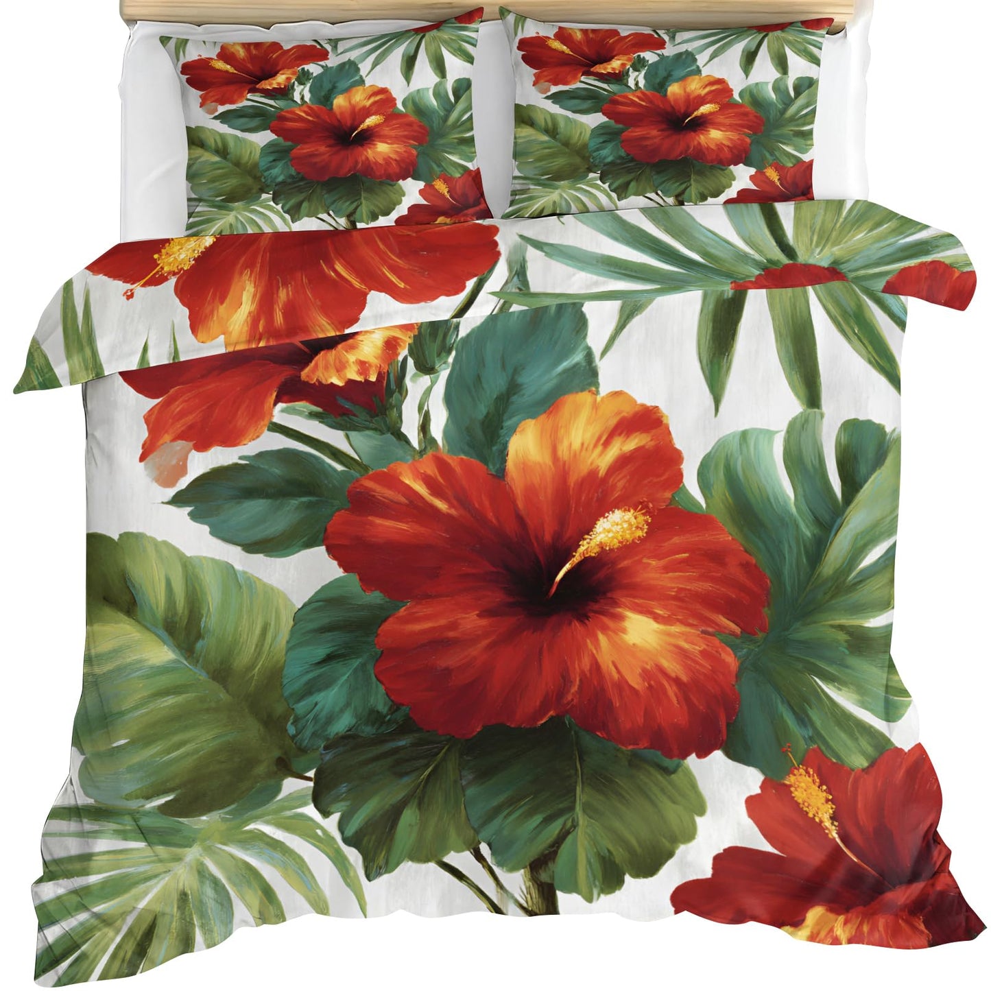 ZAMODE Floral Comforter Cover 104" x 90", Tropical Plants Hibiscus Bedding King Size, Hawaiian Summer Floral Duvet Cover with 2 Pillowcases