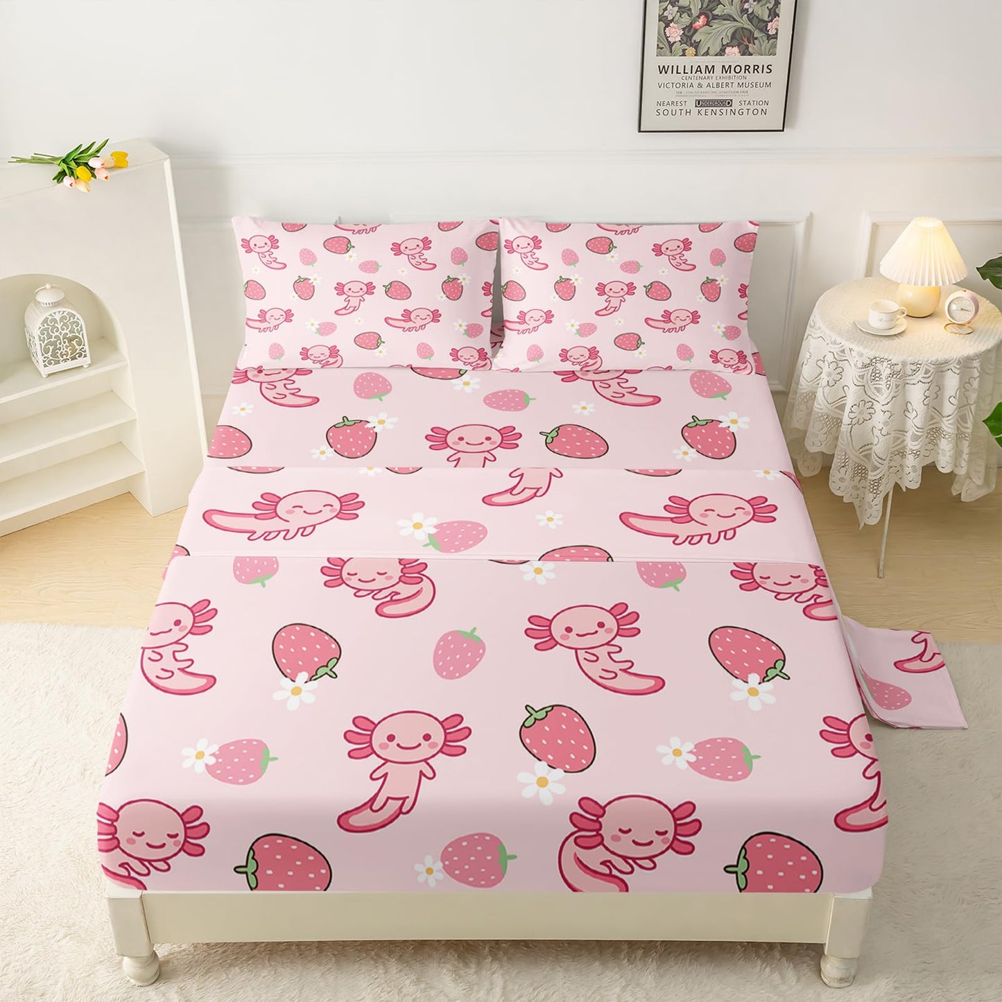 QOOMO Pink Axolotl Microfiber Flat Fitted Sheets Set for Children Kawaii Strawberry Kids Sheet Set Cute Sea Creature Super Soft Kids Bedding Set Queen Size 1 Fitted Sheet, 1 Flat Sheet, 2 Pillow Cases