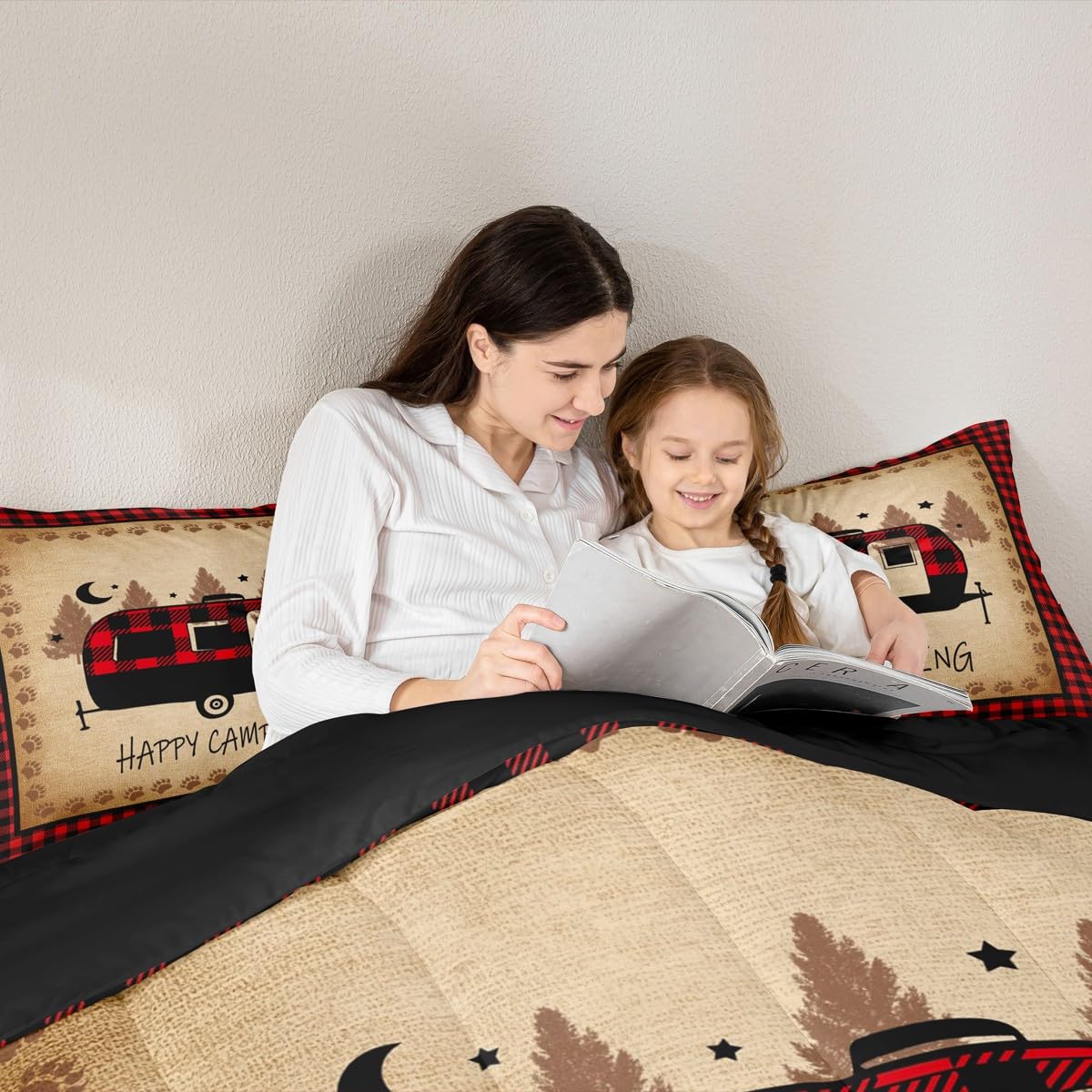 Erosebridal Camping Accessories Comforter Set Retro Farmhouse Bedding King, Black and Red Bedding Comforter Sets Lattice Checked Duvet Set, Kawaii Camper Quilted Comforter Super Cozy 3pcs