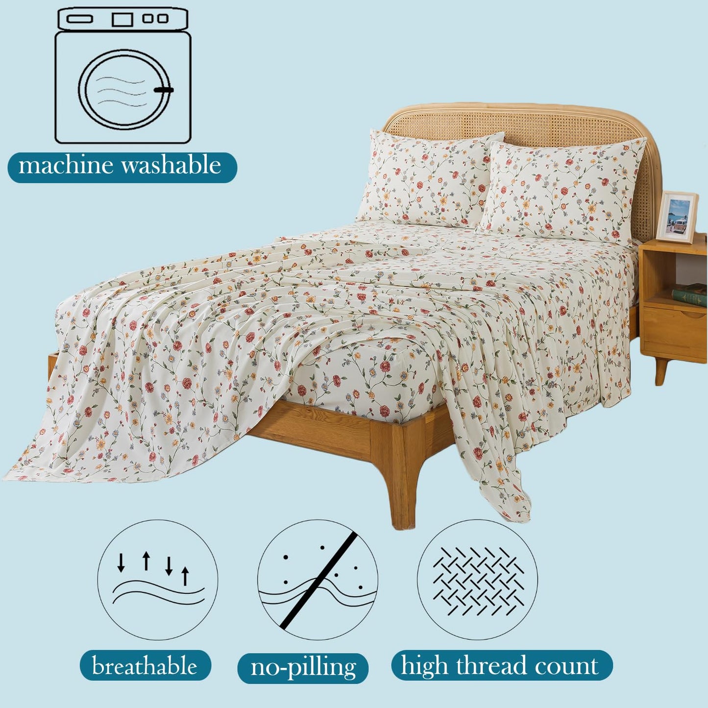 Zusbest Queen Sheet Set 100% Percale Cotton Off White Floral Bed Sheet Set, Brushed for Extra Softness, Breathable Luxury Flannel Sheets Like Pink Flower Print Deep Pocket Sheets 17.5'' 4 Pcs