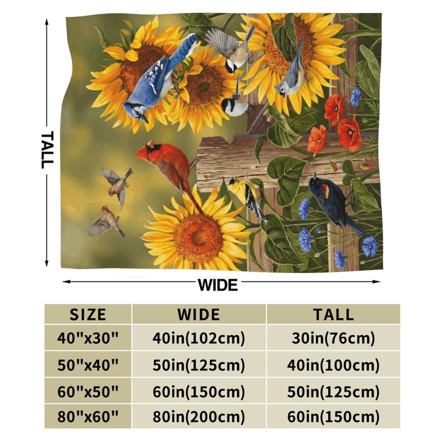 Gbuzozie Rustic Flowers and Birds Fleece Blanket Lightweight Ultra-Soft Cardinal and Sunflowers Throw Blanket for Sofa Couch Bed Camping Travel - Super Soft Cozy Microfiber Blanket 50"X40"