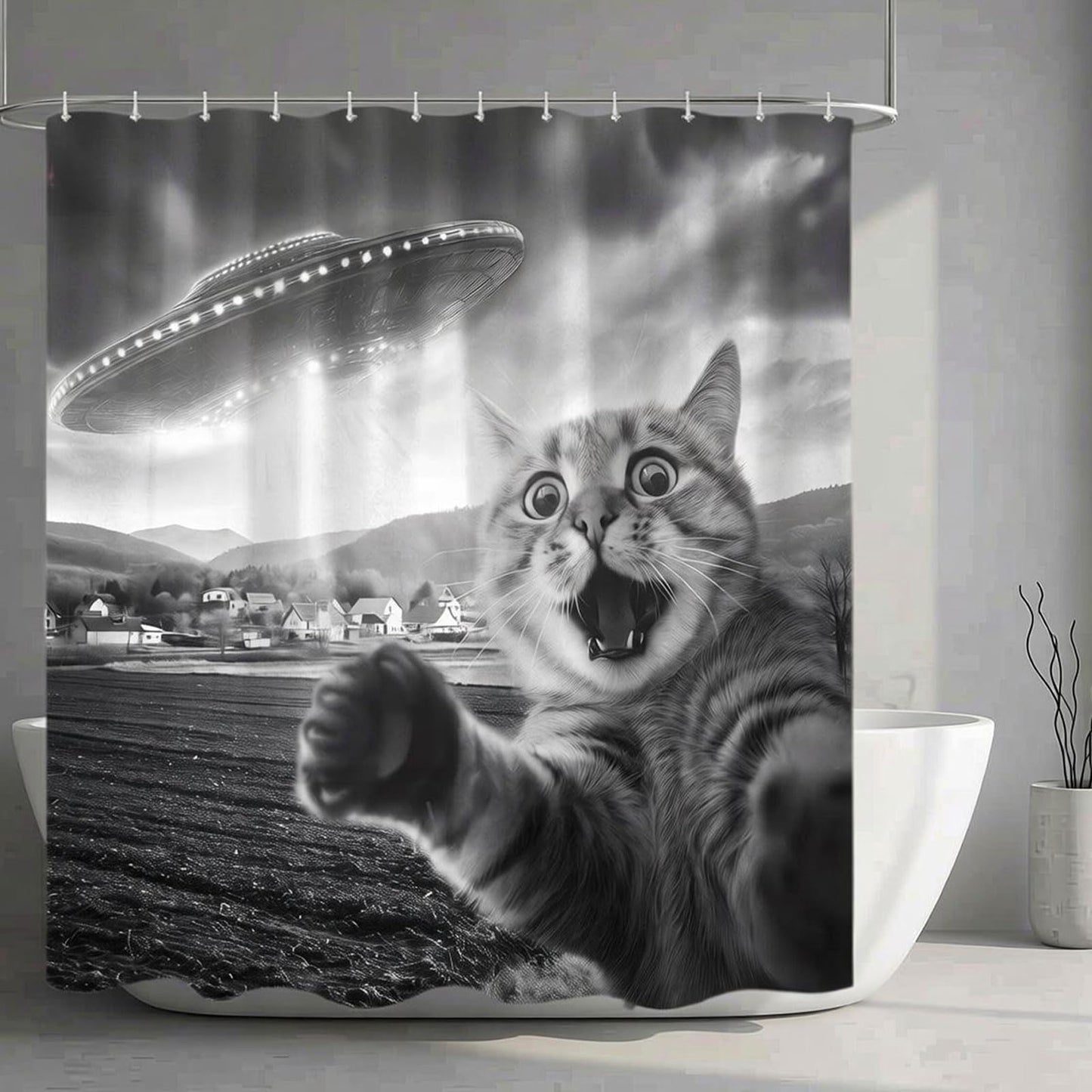 Bonriva Funny Cat Black and White Shower Curtain, Fun Animal Cool Novelty UFO Unique Retro Fabric Decorative Shower Curtains Set for Teen Boys Men Bathroom Bath Decor with Hooks 72 X 72 Inch