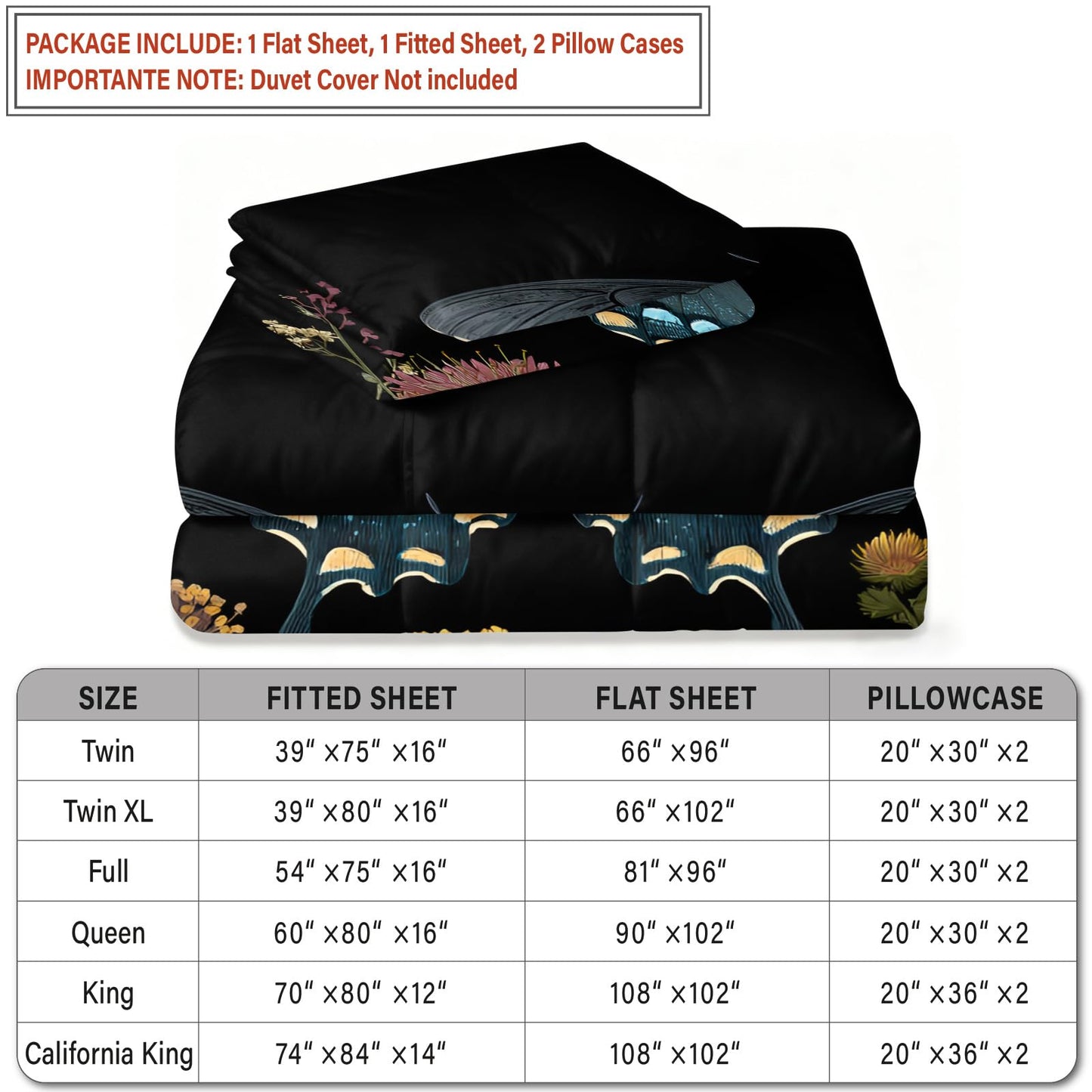 ZAOMIR Black Butterfly Sheets King for Women, Wildflower Botanical Dark Bed Sheet & Pillowcases Sets 4 Piece, Vintage Gothic Aesthetic Bedding Deep Pocket Fitted Sheet & Flat Sheet