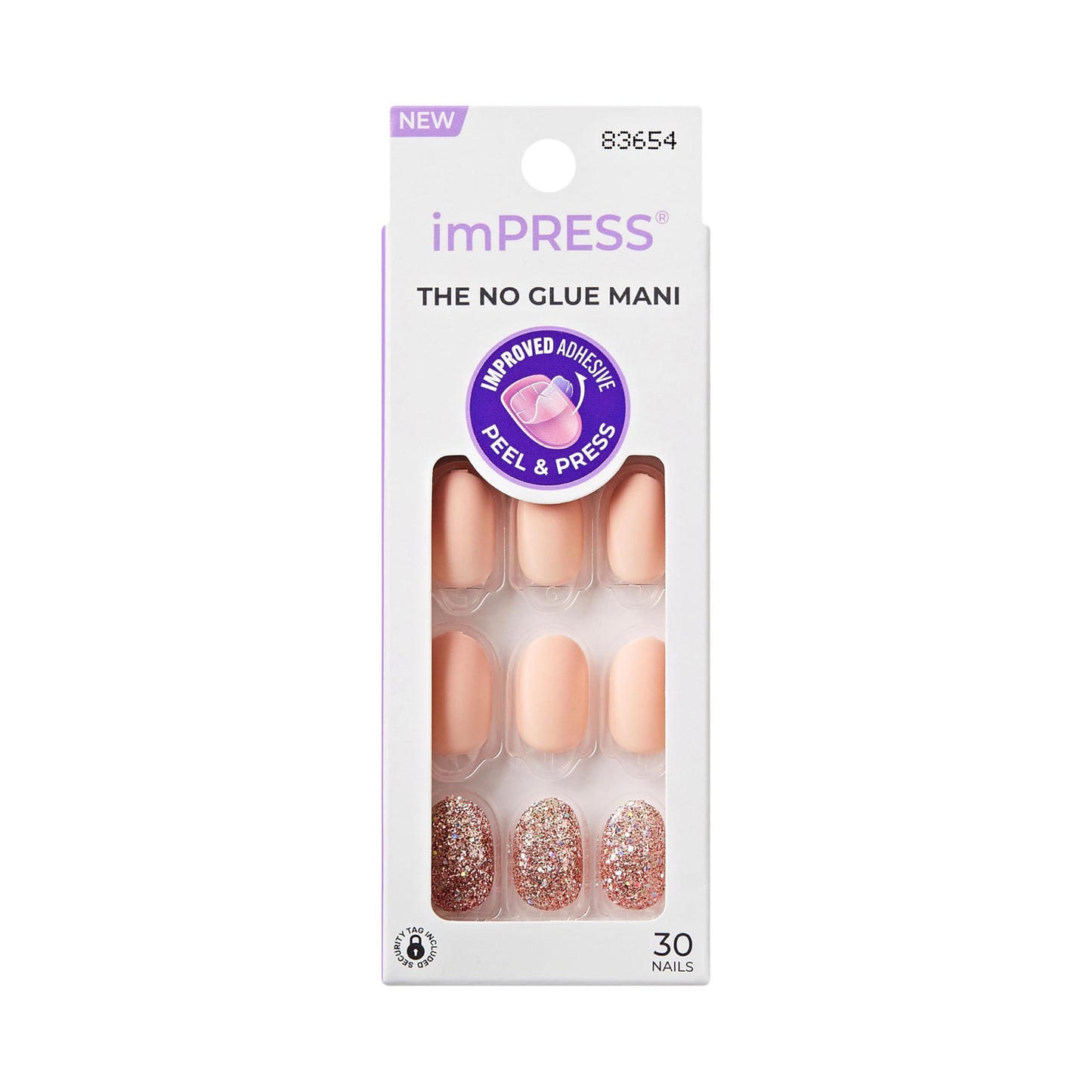 Kiss Impress No Glue Mani Press On Nails, Design, 'Evanesce', Beige, Short Size, Oval Shape, Includes 30 Nails, Prep Pad, Instructions Sheet, 1 Manicure Stick, 1 Mini File