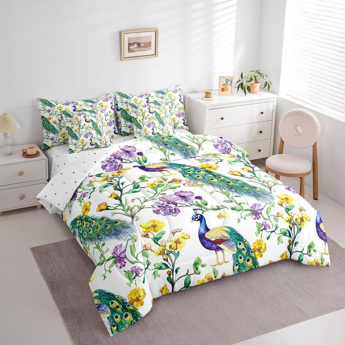 jejeloiu Peacock Comforter Set 7 Pieces Full Size Kids Floral Flower Bed in a Bag for Boys Girls Royal Peacock Bird Bedding Set Green,Comforter + Sheets + Pillowcases + Cushion Covers