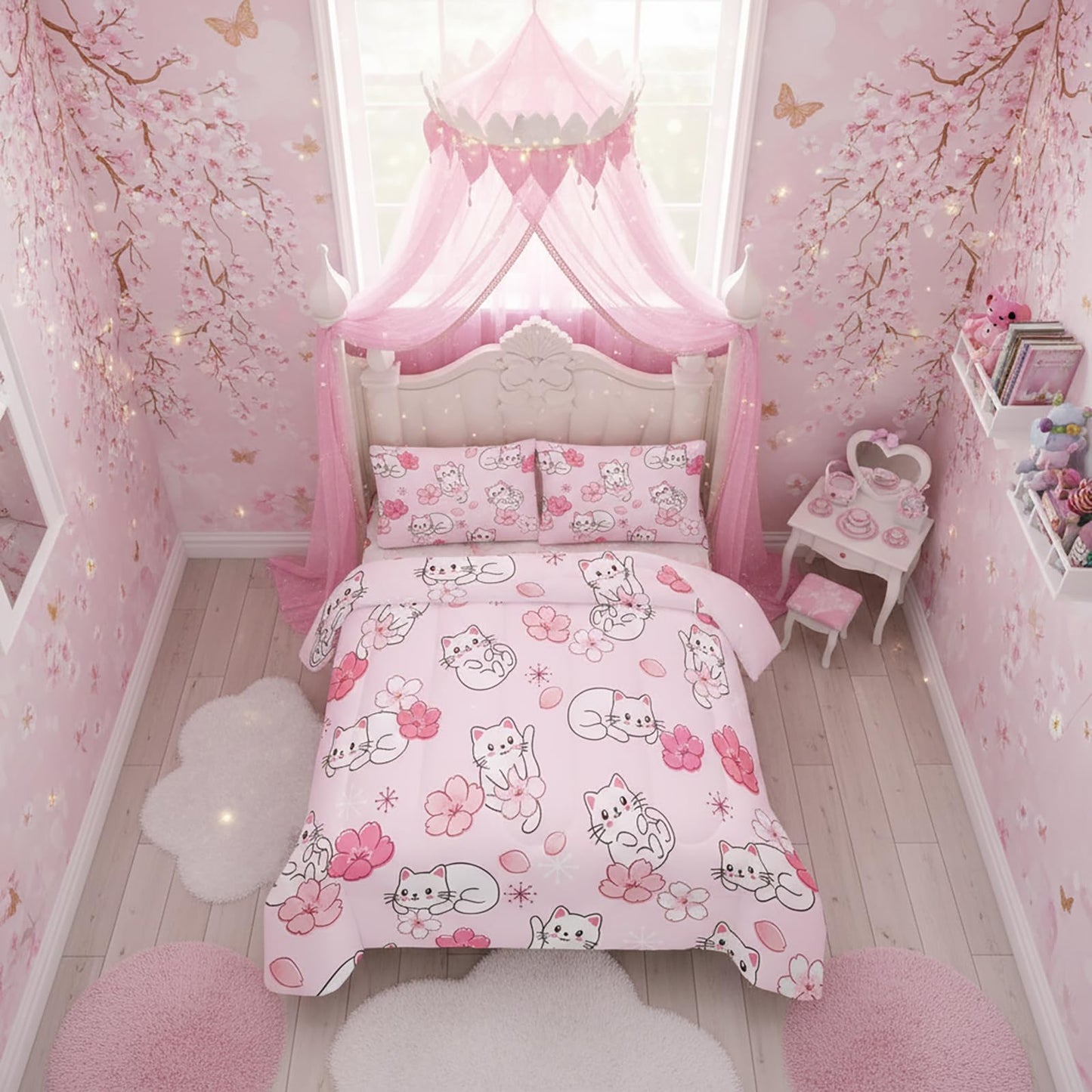 QOOMO 3Pcs Sakura Cats Comforter Set Twin,Floral Bedding Set for Teens Boys Girls,Cherry Blossom Printed Comforter with 2 Pillowcases,Down Alternative,Soft and Lightweight