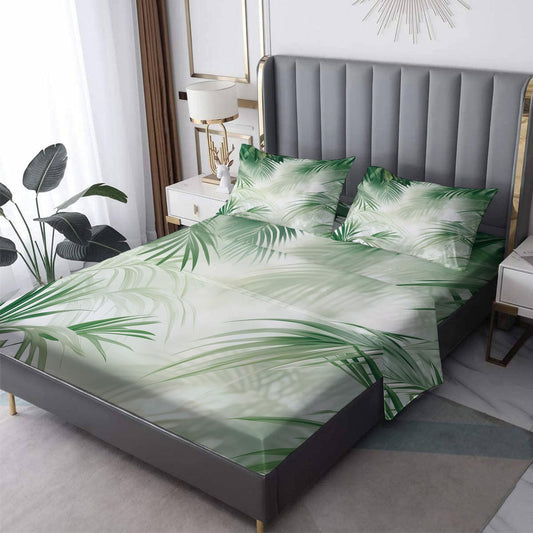NOGAWA Palm Leaf Sheets Queen Size, Green Leaf Tropical Bed Sheets, Patterned Bedding Sheets & Pillowcases 4 Piece Set - Soft Microfiber Deep Pocket Fitted Sheet & Flat Sheet & 2 Pillow Cases