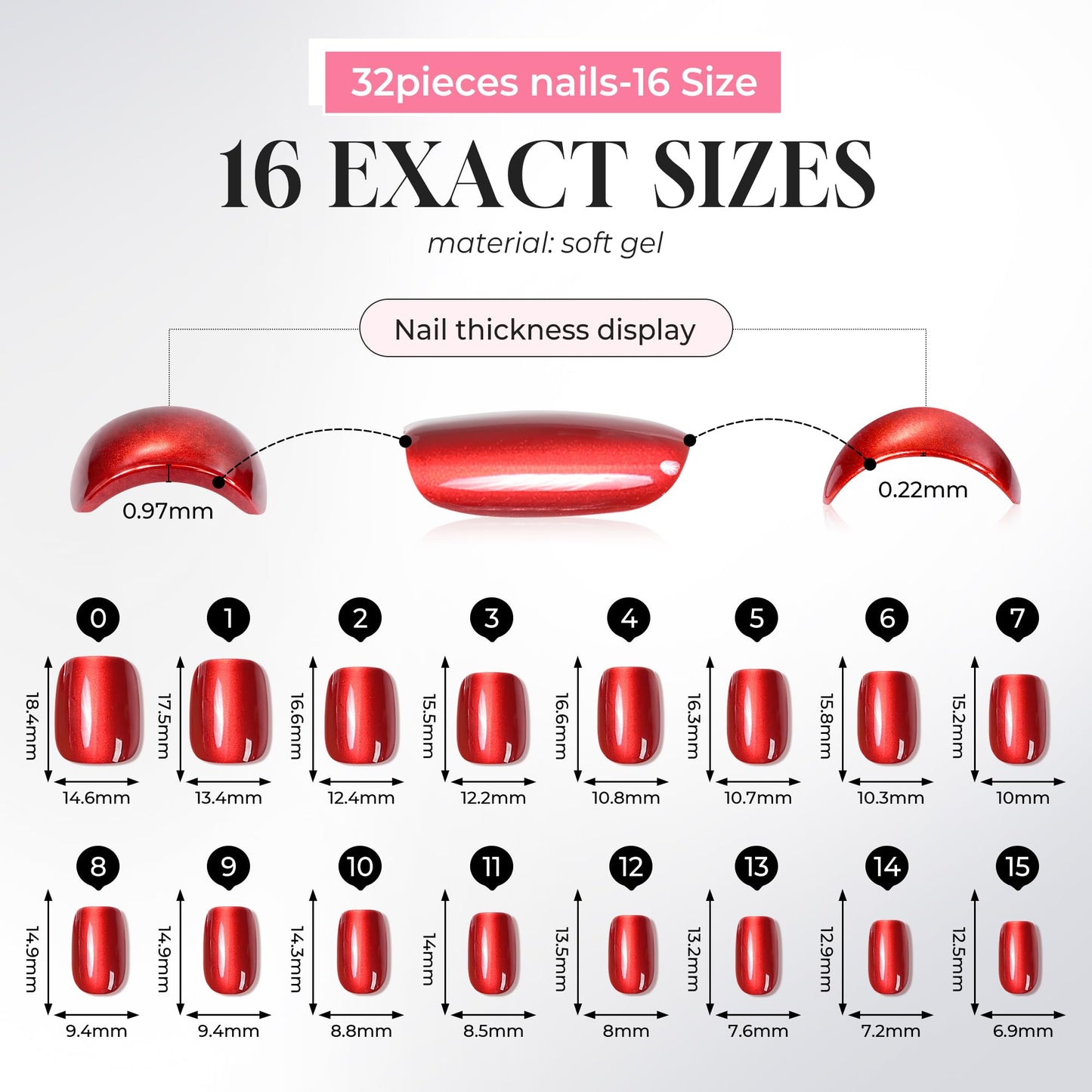 UNA GELLA 32Pcs Soft Gel Press on Nails - 16 Sizes Red Cat Eye Short Square Glue on Nails, Reusable Glitter Velvet Red False Nails, Full Cover Acrylic Nail Kit for Women DIY Home Manicure