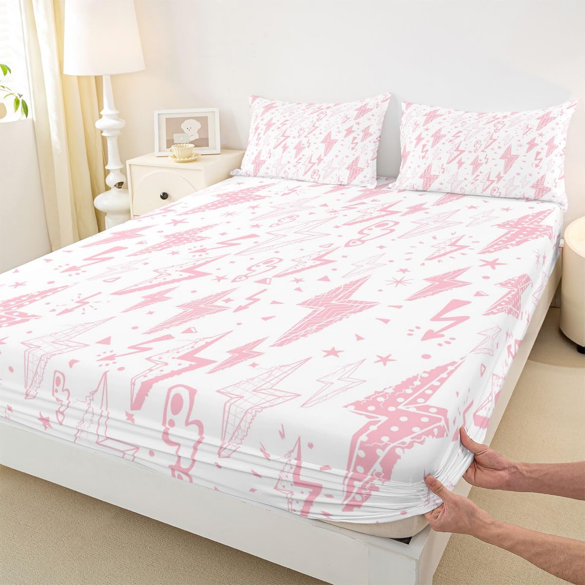 Castle Fairy Pink Lightning Fitted Sheet Queen Size (No Flat),Stars Dot Bedding Sets 3Pcs,Girls Boys Adult Room Decor,Plaid Lightning Bed Cover Princess Dreamy Deep Pocket Sheet,2 Pillowcases