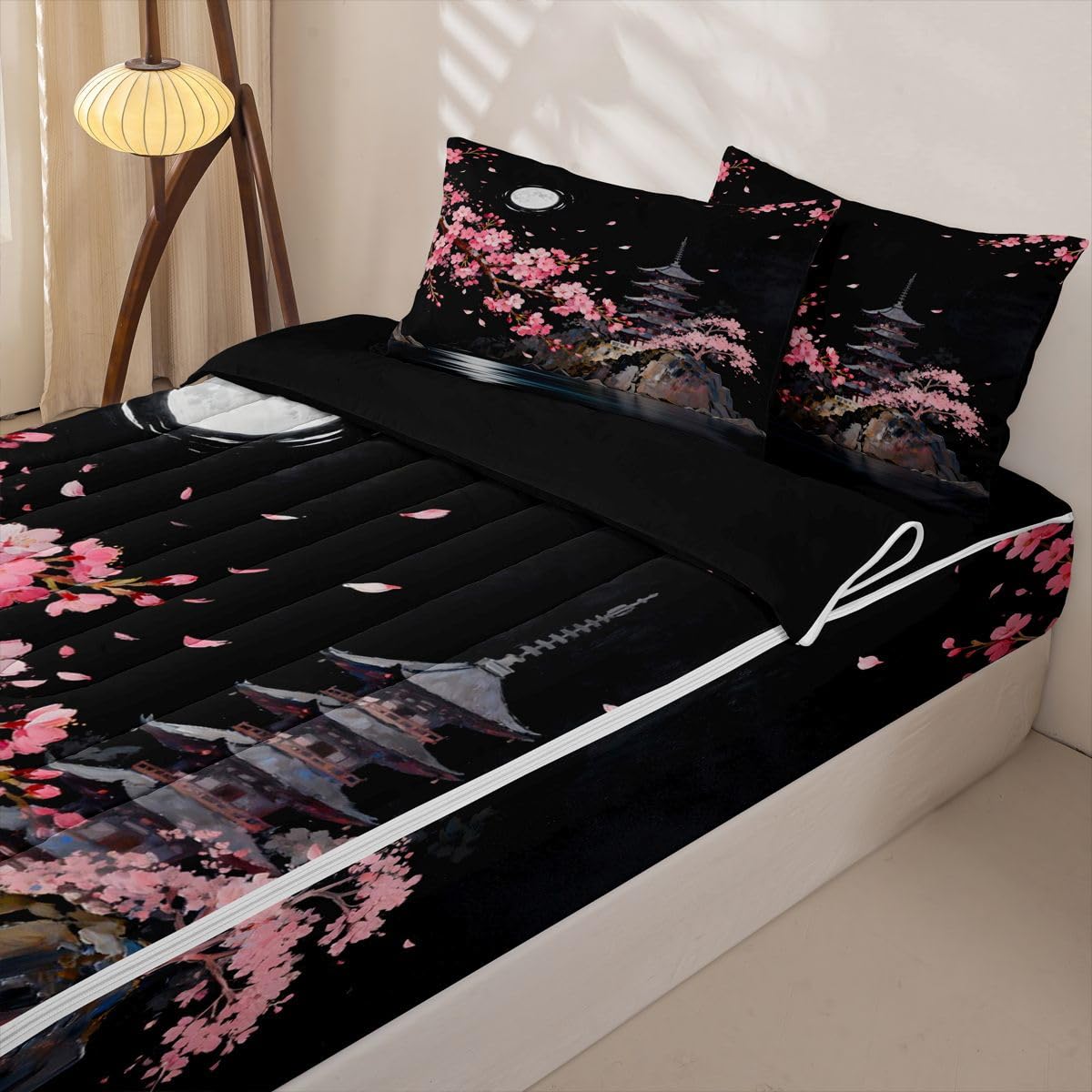 jejeloiu Japanese Style Building View Zipper Bedding Twin Pink Cherry Zipper Bedding Sets for Kids Boys Girls Night Moon Comforter Set with Fitted Sheet and 2 Pillowcases Romantic Exotic Bedroom Decor