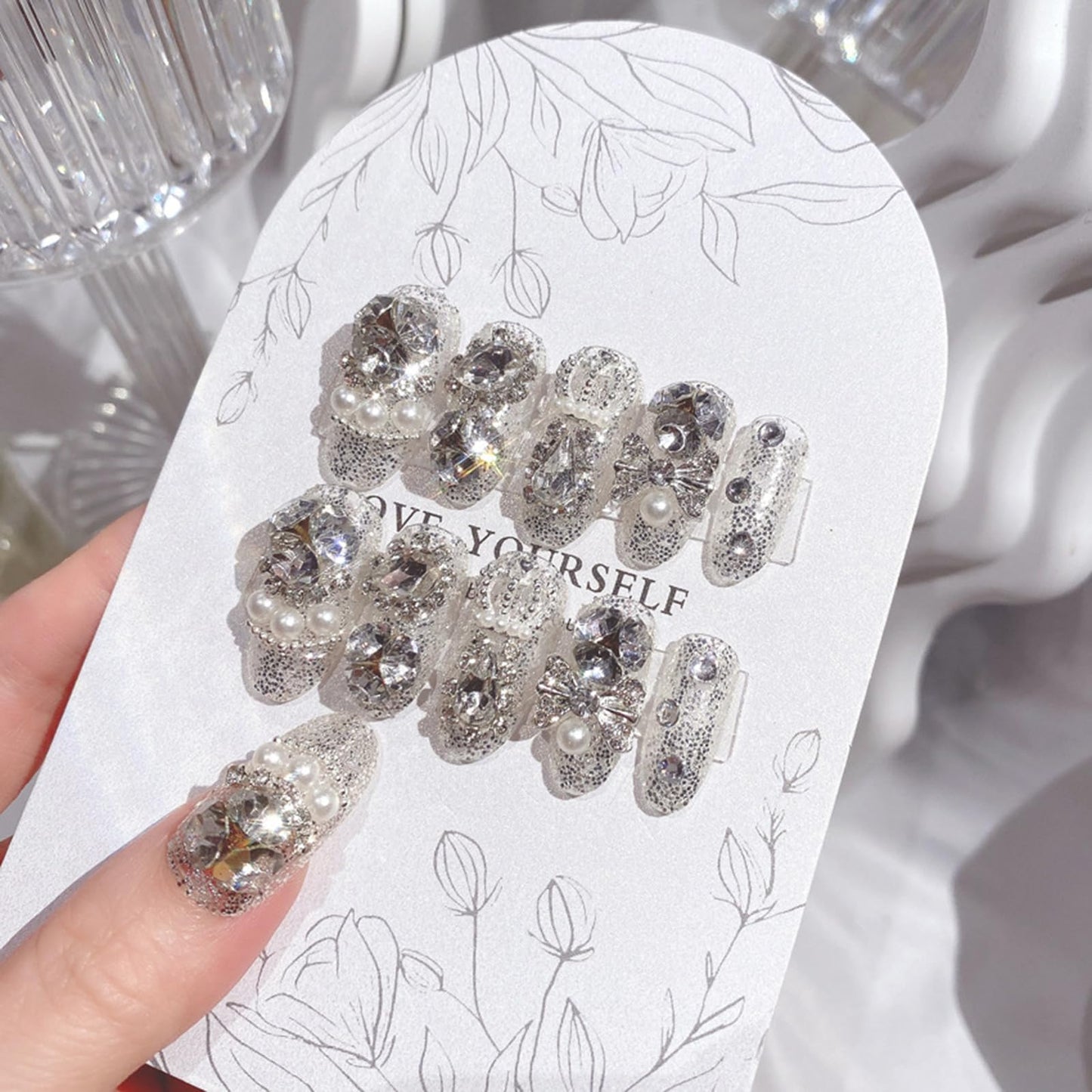 SINHOT Luxury Press on Nails - Medium Almond Fake Nails 3D Handmade Glitter & Bowknots Reusable False Nails with Rhinestone Designs,DIY Artificial Nail Art, 24pcs