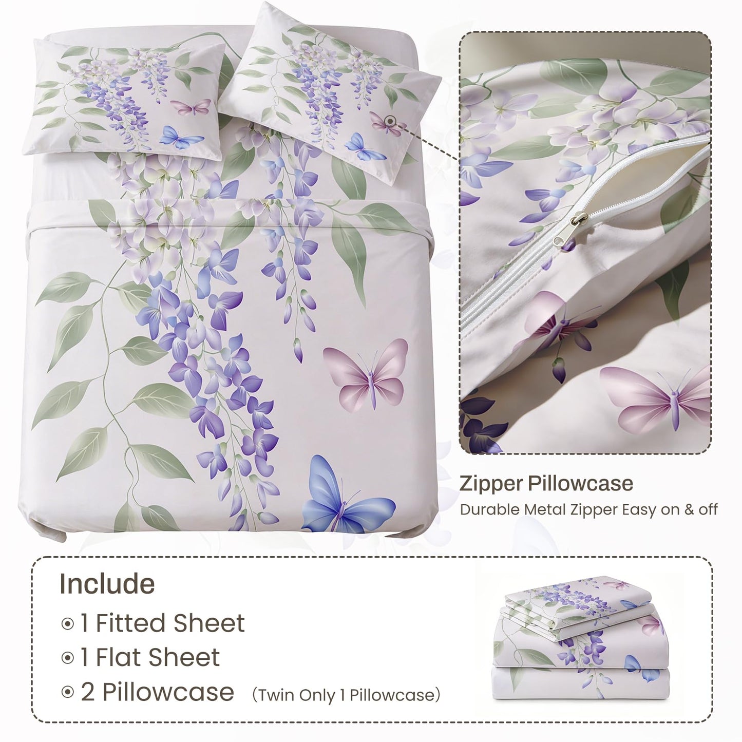 Wisteria Flower Sheet Set, 4 Pcs Queen Size Butterfly Bed Sheets