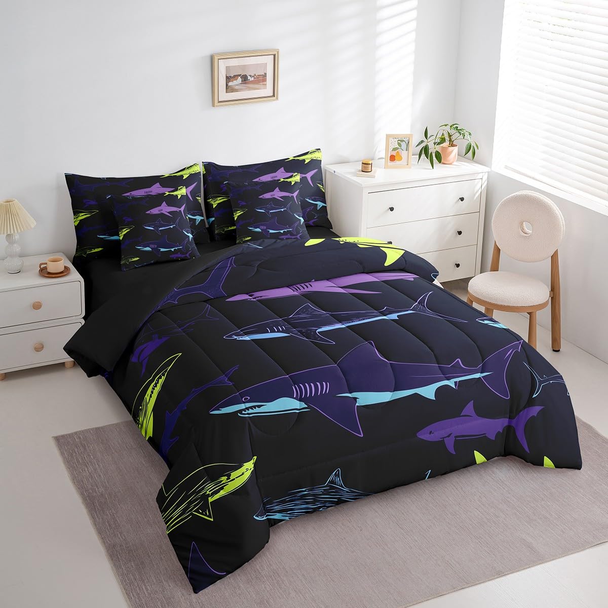 Erosebridal Shark Comforter Set 7 Piece Bed in a Bag Twin,Nautical Sea Animal Bedding Sets Ocean Decor Fish Comforter and Sheet Set,Coastal Sealife Bed Set
