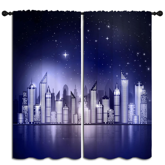 PYMATYTN City Rod Pocket Blackout Curtains for Boy Girl Bedroom, New York Skyline Modern City Starry Sky Night View Thermal Insulated Home Window Drapes for Living Room Darkening, 42x45 inch