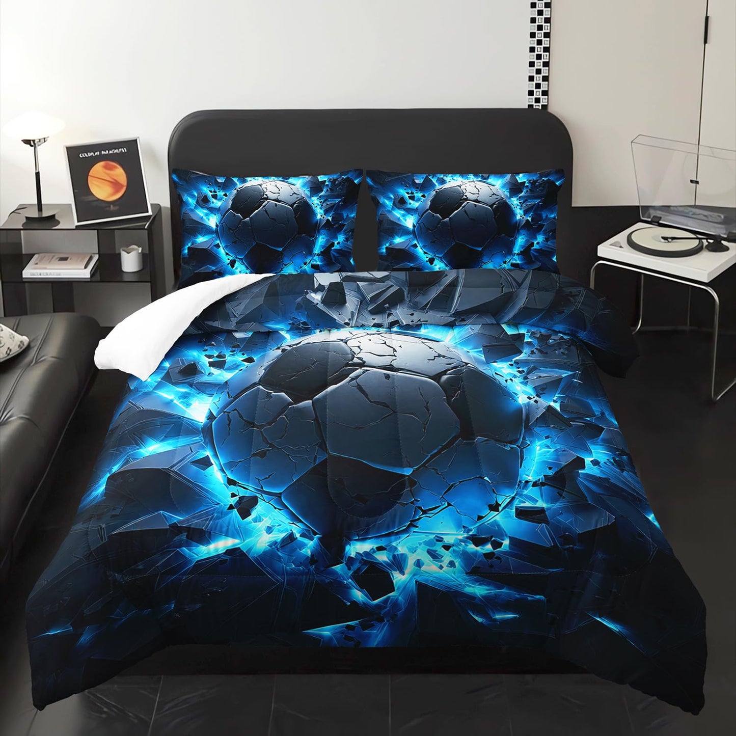 Soccer Print Comforter 3Pcs Twin Blue Sport Soccer Broken Wall Bedding Set