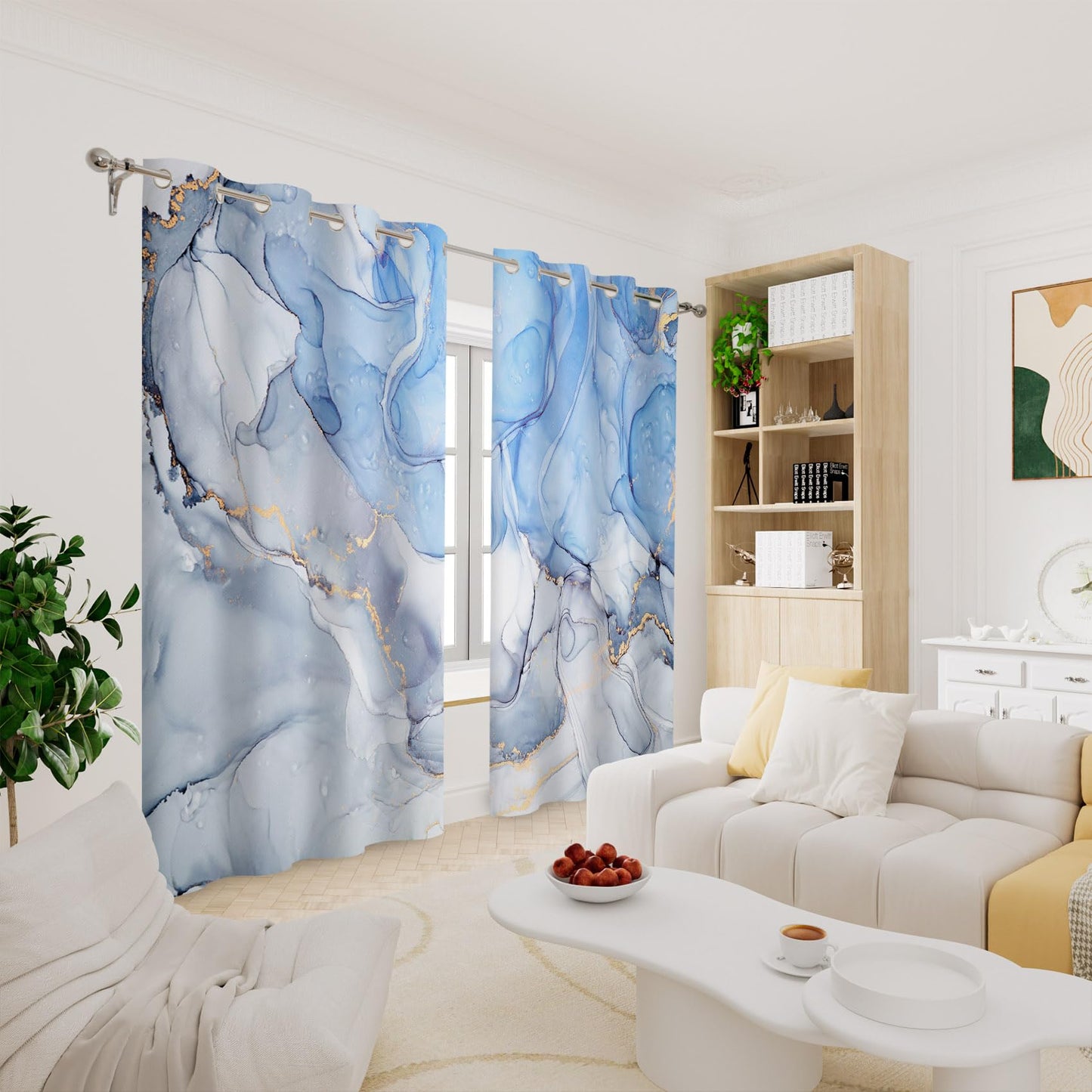 Renaiss Blue Marble Blackout Curtains, Light Blue Liquid Art Thermal Insulated Bedroom Window Curtains, Modern Luxury Marble Texture Window Drapes for Living Room, 42W x 84L 2 Panels Set