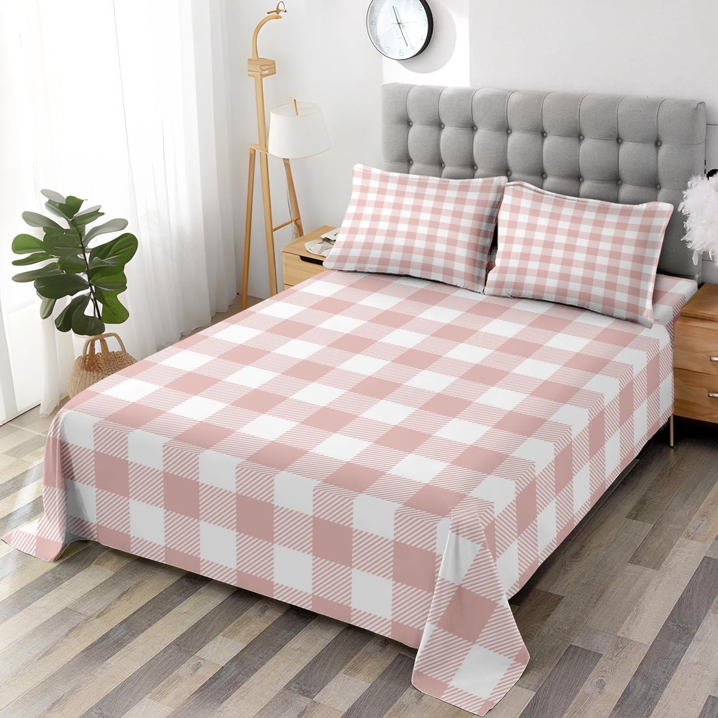 Pamnest Full Size Bed Sheet Sets, Valentine Gingham Buffalo Plaid Soft Microfiber 4 Pcs Bedding Sets for Kids and Adults Bedroom Bed Decor, Pink Cute Love Flat, Fitted Sheet and 2 Pillowcases