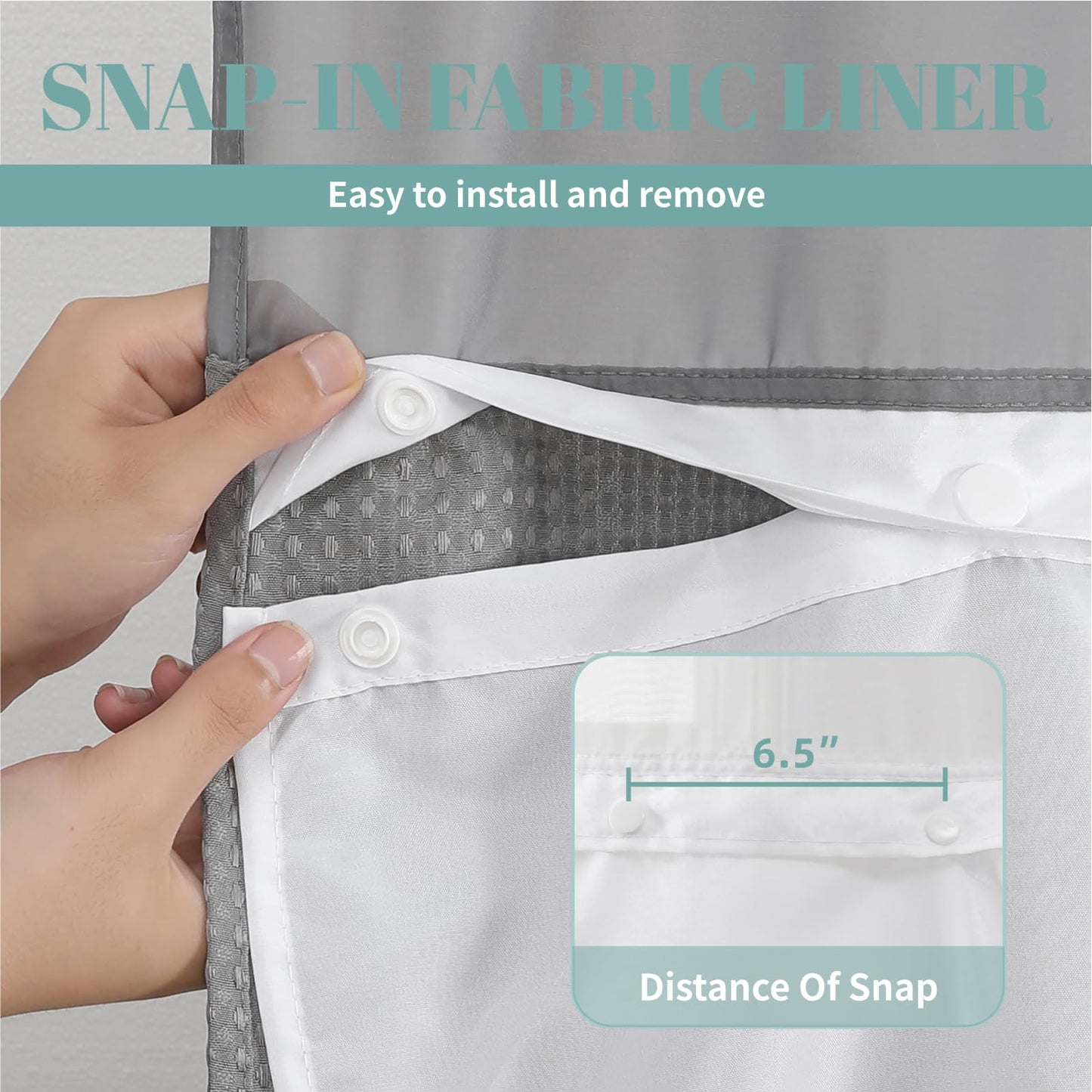 eachope Grey No Hook Waffle Weave Shower Curtain with snap-in Liner Replacement, 230GSM Waterproof Fabric Hotel Shower Curtain Set for Bathroom, Through Mesh Top Window,60Wx74H