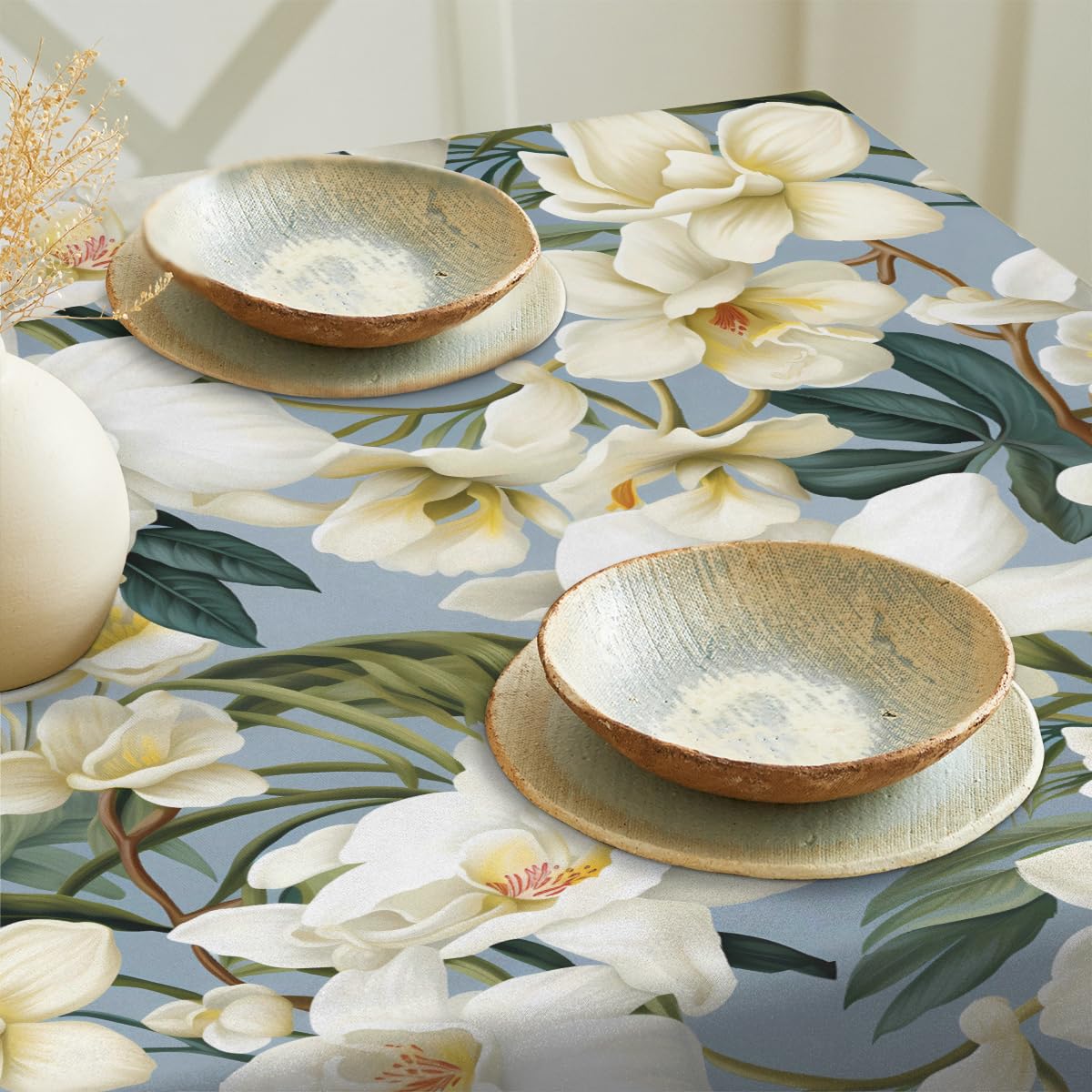 QsirBC Magnolia Flowers Green Leaves 52" x 52" Square Tablecloth Waterproof Kitchen Table Cover Washable Polyester Fabric Table Cloth for Wedding Party Dining Banquet Decoration
