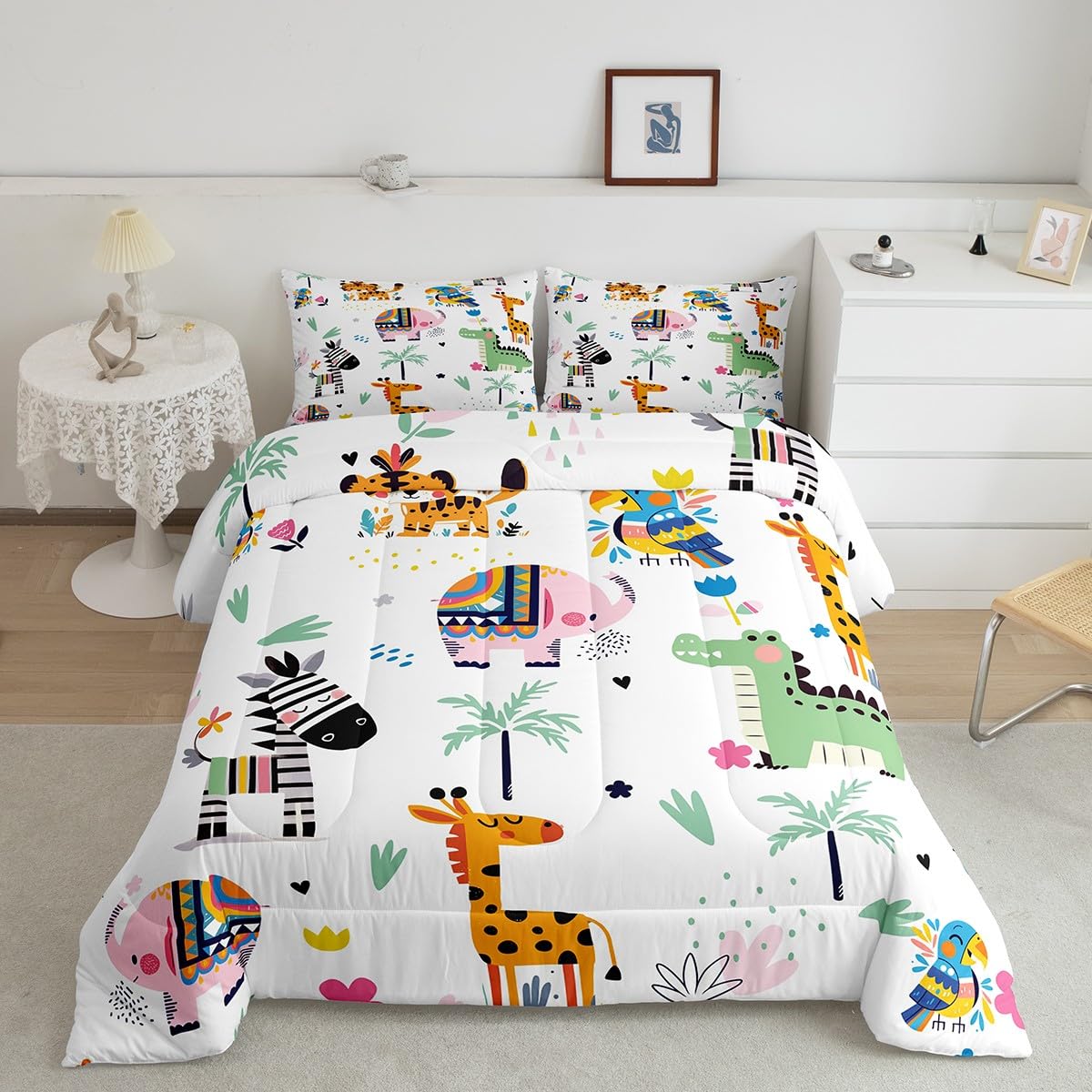 Feelyou Zoo Animals Comforter Set for Girls Boys Kids Twin Size Giraffe Elephant Dinosaur Comforter Room Decorative Wild Animals Bedding Set Cartoon Animal Duvet Set 3Pcs Quilt Set