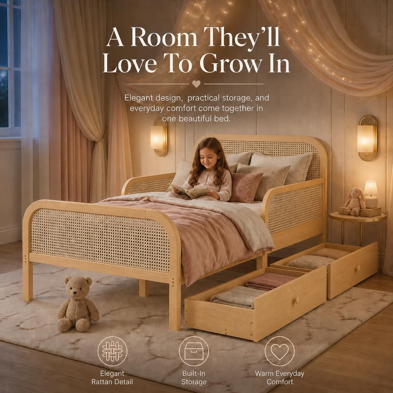 Duxelifin Full Kids Bed Frame with Storage Drawers,Rattan Wood Platform Bed with Headboard & Footboard, Low Profile Boho Daybed, No Box Spring Needed, Full Size Bed Frame for Boys Girls，Natural