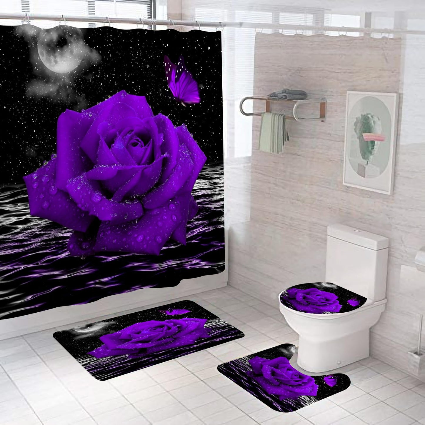 ALEXEX 4 PCS Purple Rose Shower Curtain Sets,Black Sky Bathroom Set with Shower Curtain and Rugs and Accessories,Lunar Ocean Raindrop Shower Curtain Bathroom Decor with 12 Hooks,72 X 72 Inches