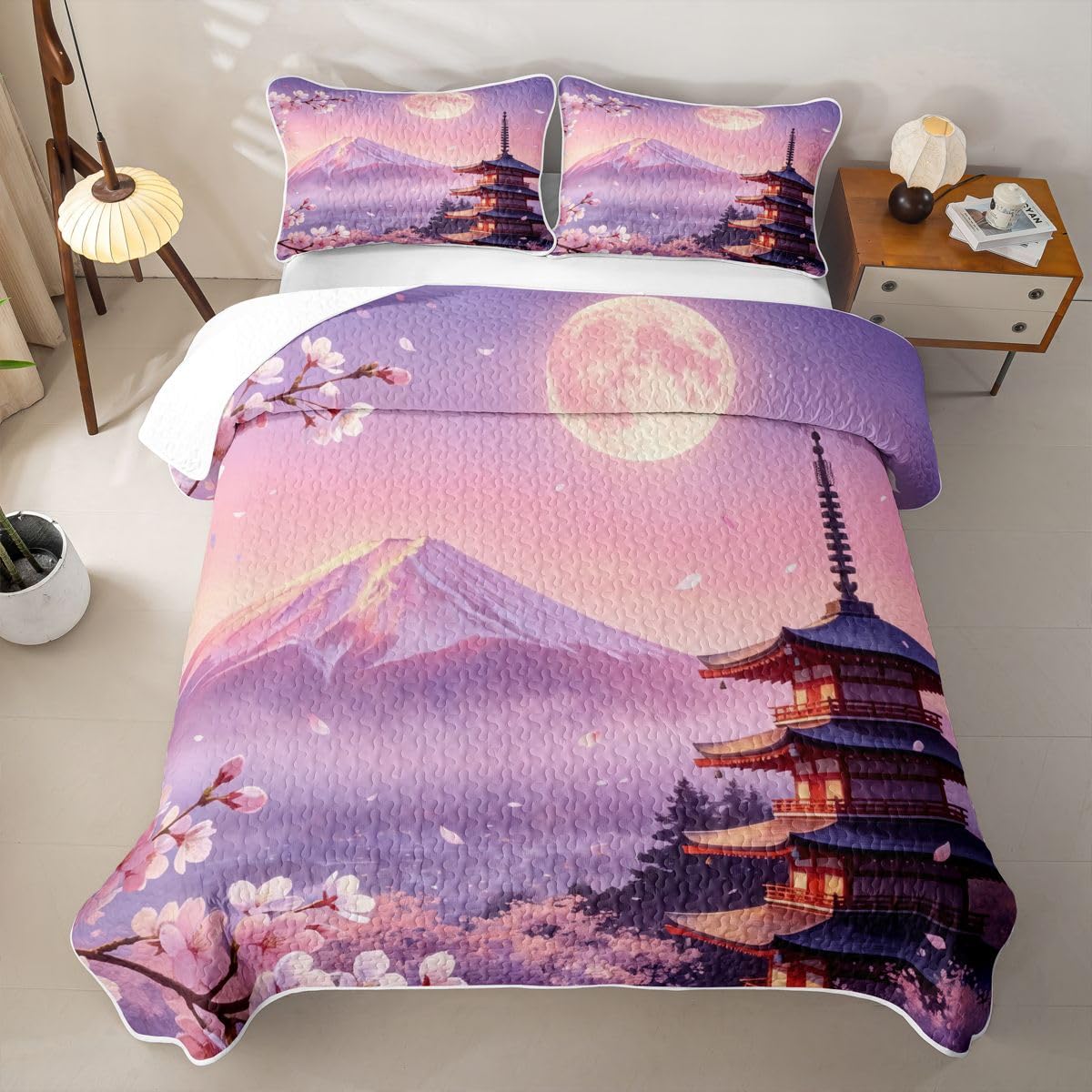 Erosebridal Japanese Twin Quilt Bedding Set Mount Fuji Sun Summer Lightweight Bedspread Cherry Blossom Pavilions Coverlet for Kids Adults Aesthetics Quilted Comforter 2 Pieces