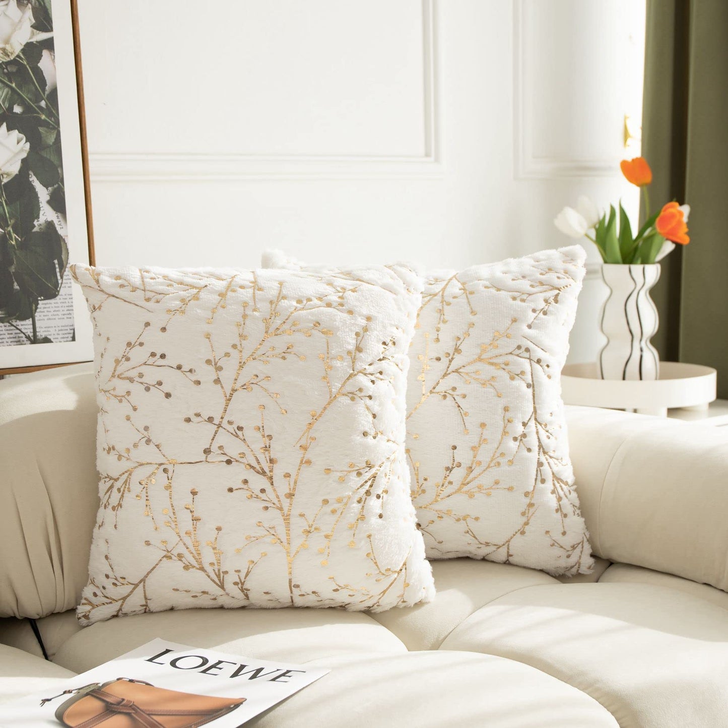 LIGICKY Set of 2 White Fluffy Pillow Covers Faux Fur with Gold Branches Glitter Throw Pillows Decorative Soft Furry Sparkling Square Cushion Cases for Sofa Bedroom Party Decor 12x12 inch (Two-Sided)