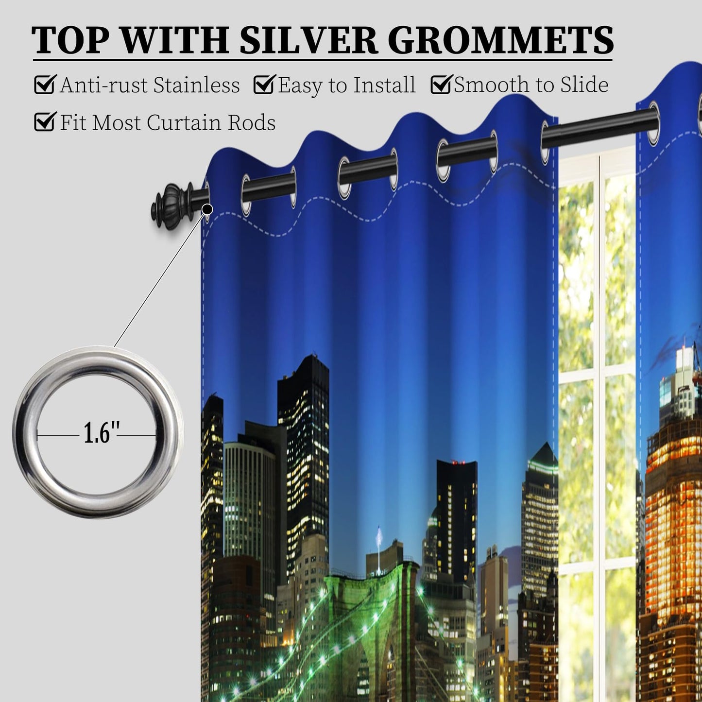 AOFOTO New York City Blackout Window Curtains, Brooklyn Bridge Night Scene Skyscraper Urban Light Long Bedroom Curtains Manhattan Skyline Decorative Grommet Top Window Panels 42x63 Inches, 2 Panels