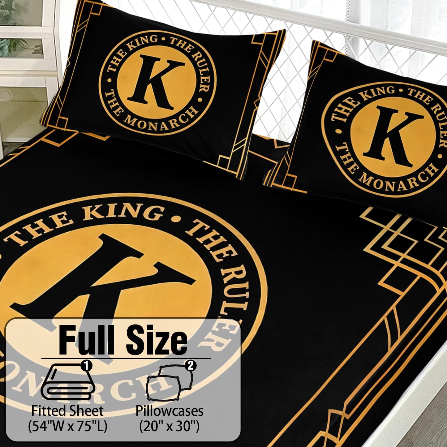 AILONEN King Ruler Monarch Fitted Sheet Set Full,Black Gold Art Bedding for Boys Men,3 Piece Luxury Geometric Bedroom Decor with 2 Pillowcases,16" Deep Pocket