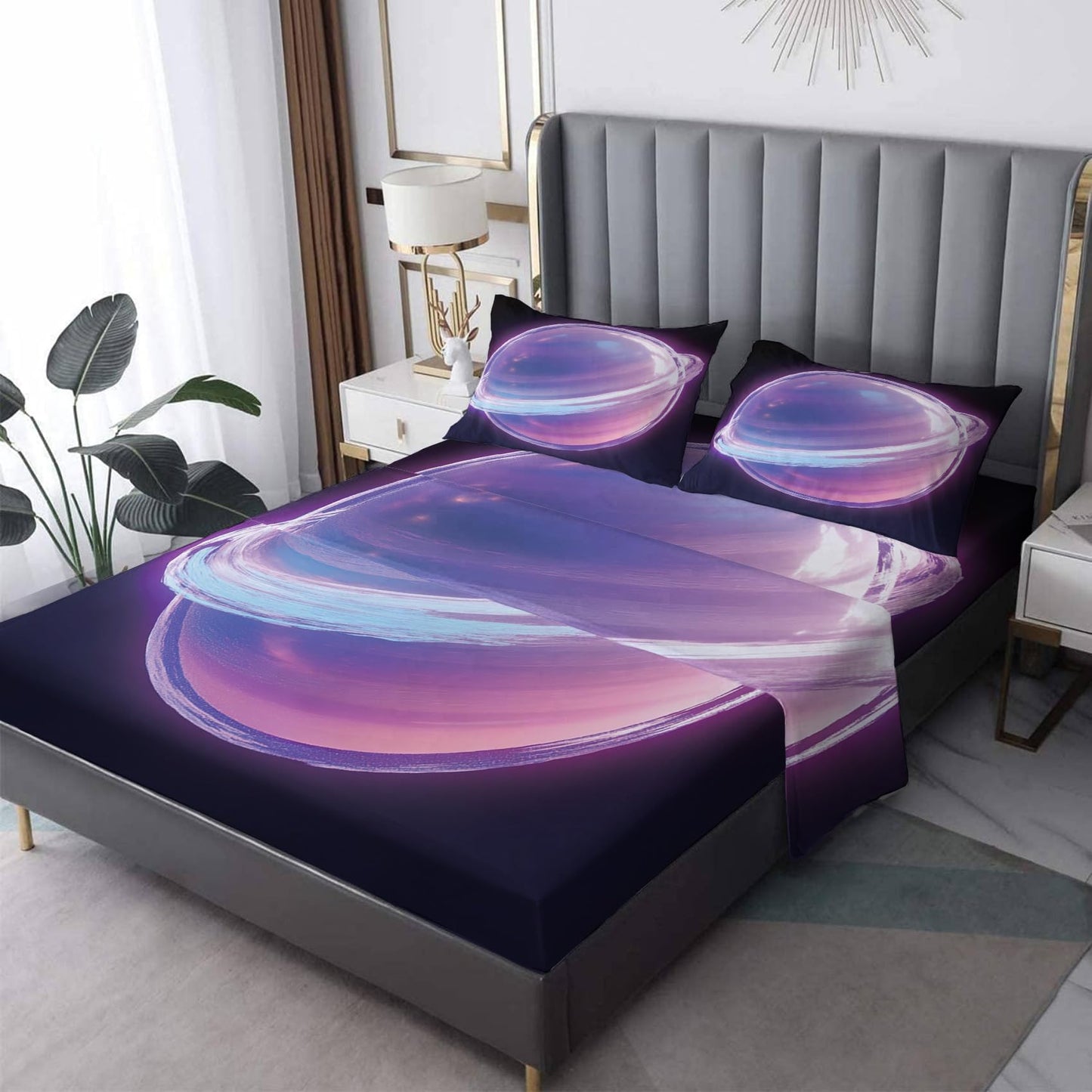NOGAWA Cartoon Planet Sheets California King Size, Space Bed Sheets, Patterned Bedding Sheets & Pillowcases 4 Piece Set - Soft Microfiber Deep Pocket Fitted Sheet & Flat Sheet & 2 Pillow Cases