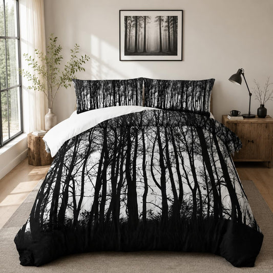 Nttopship Grey Landscape Rustic Woodland Pine Tree Bedding Comforter Sets Twin Size Rustic Farmhouse Bedding Set for Teens Adults Men Bedroom,High Mountain Quilt with 2 Pillow Shams